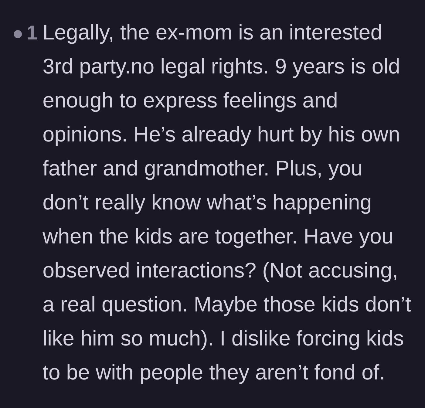 Comment thread 6 - A reminder that nine-year-olds have valid emotional boundaries and that forcing relationships on them only compounds the trauma of a father's rejection.