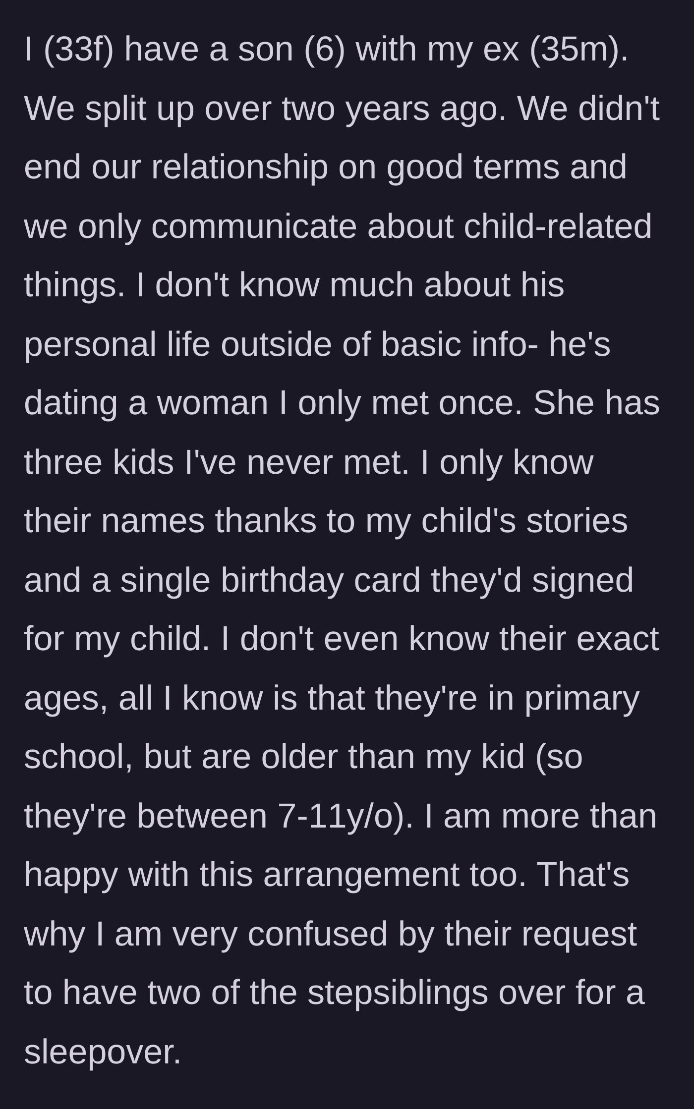 Story part 1 - The author explains her distant co-parenting relationship and the bizarre request to host her ex's new partner's children.