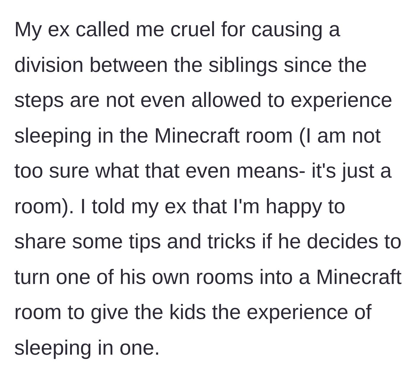 Story part 5 - The ex resorts to name-calling, and the mother offers a pragmatic, if slightly biting, solution.