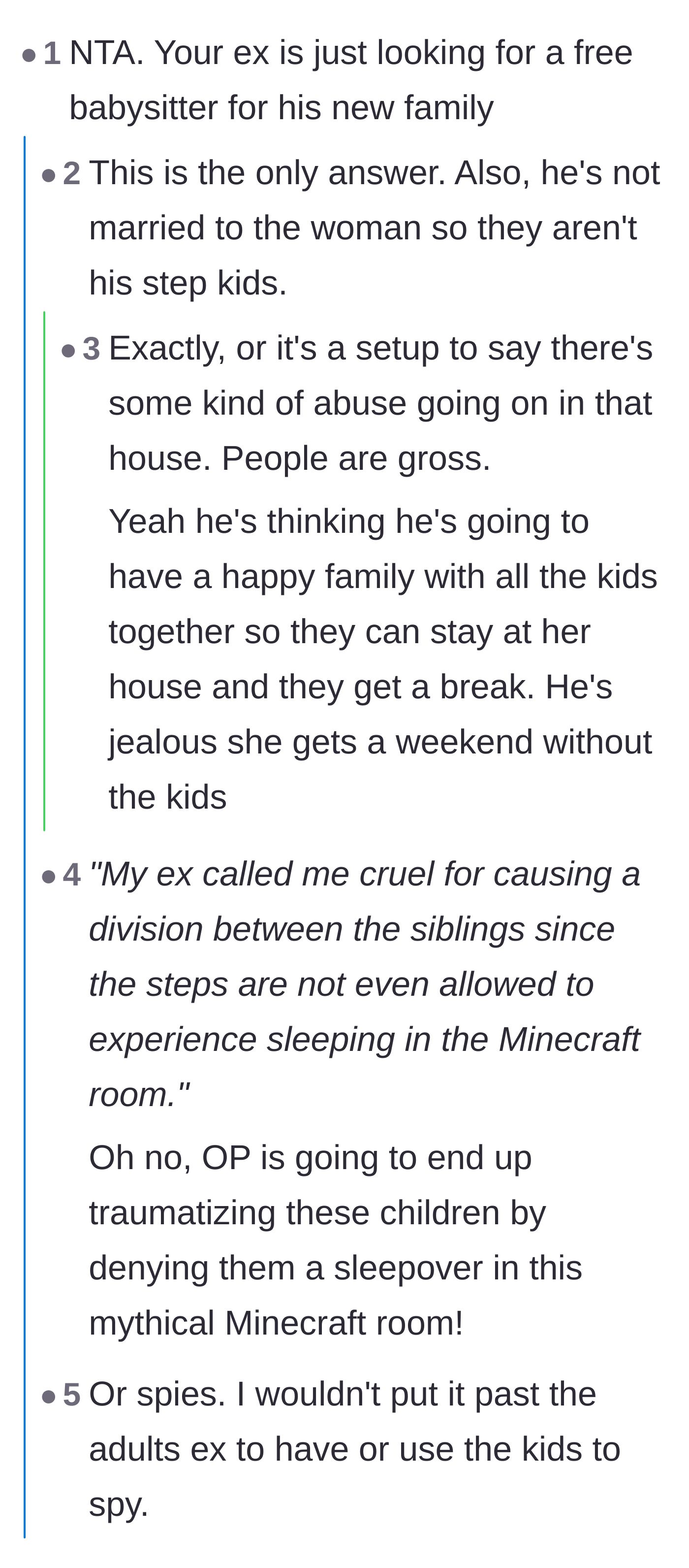 Comment thread discussing how the ex is likely just looking for free babysitting and debating the semantics of calling his girlfriend's children stepkids