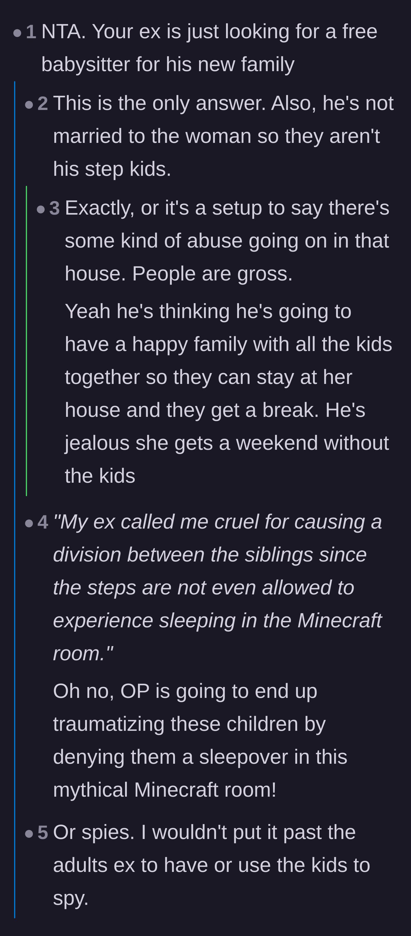 Comment thread discussing how the ex is likely just looking for free babysitting and debating the semantics of calling his girlfriend's children stepkids