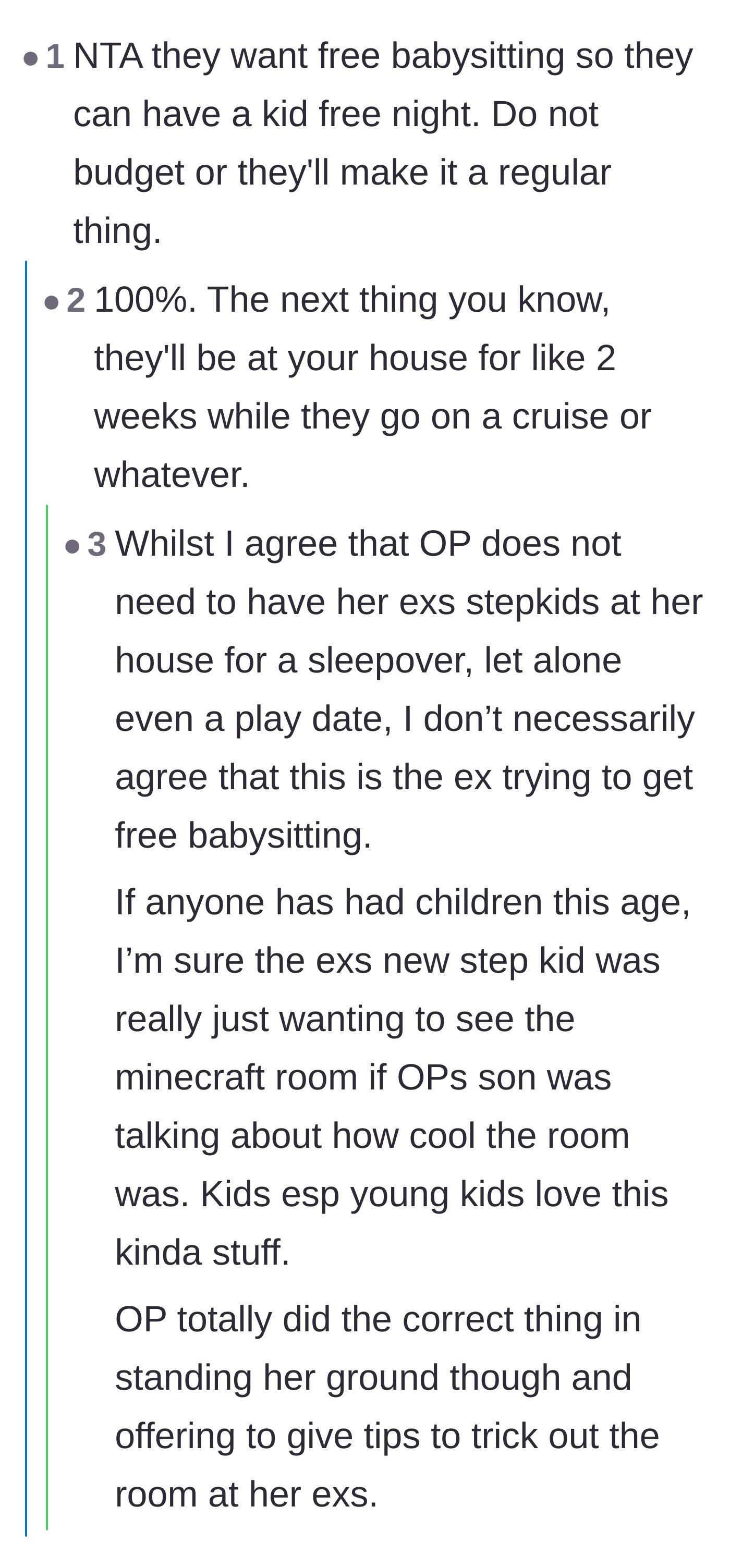 Comment thread warning the author that agreeing to this sleepover will inevitably lead to requests for longer, regular babysitting favors