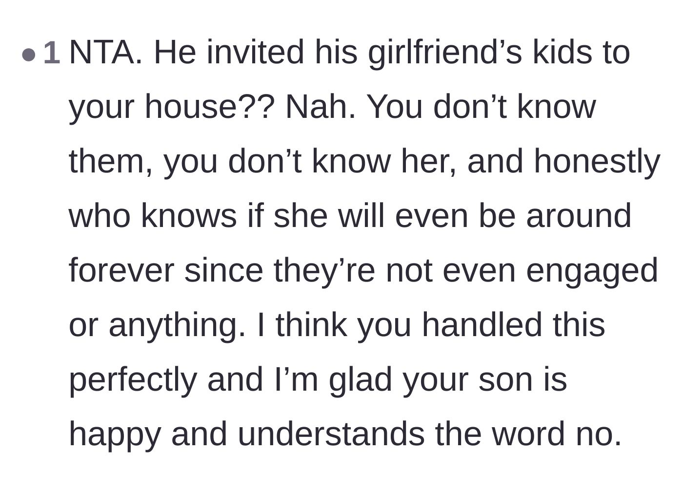 Comment thread pointing out the absurdity of the ex inviting his unengaged girlfriend's children to the author's home without her permission