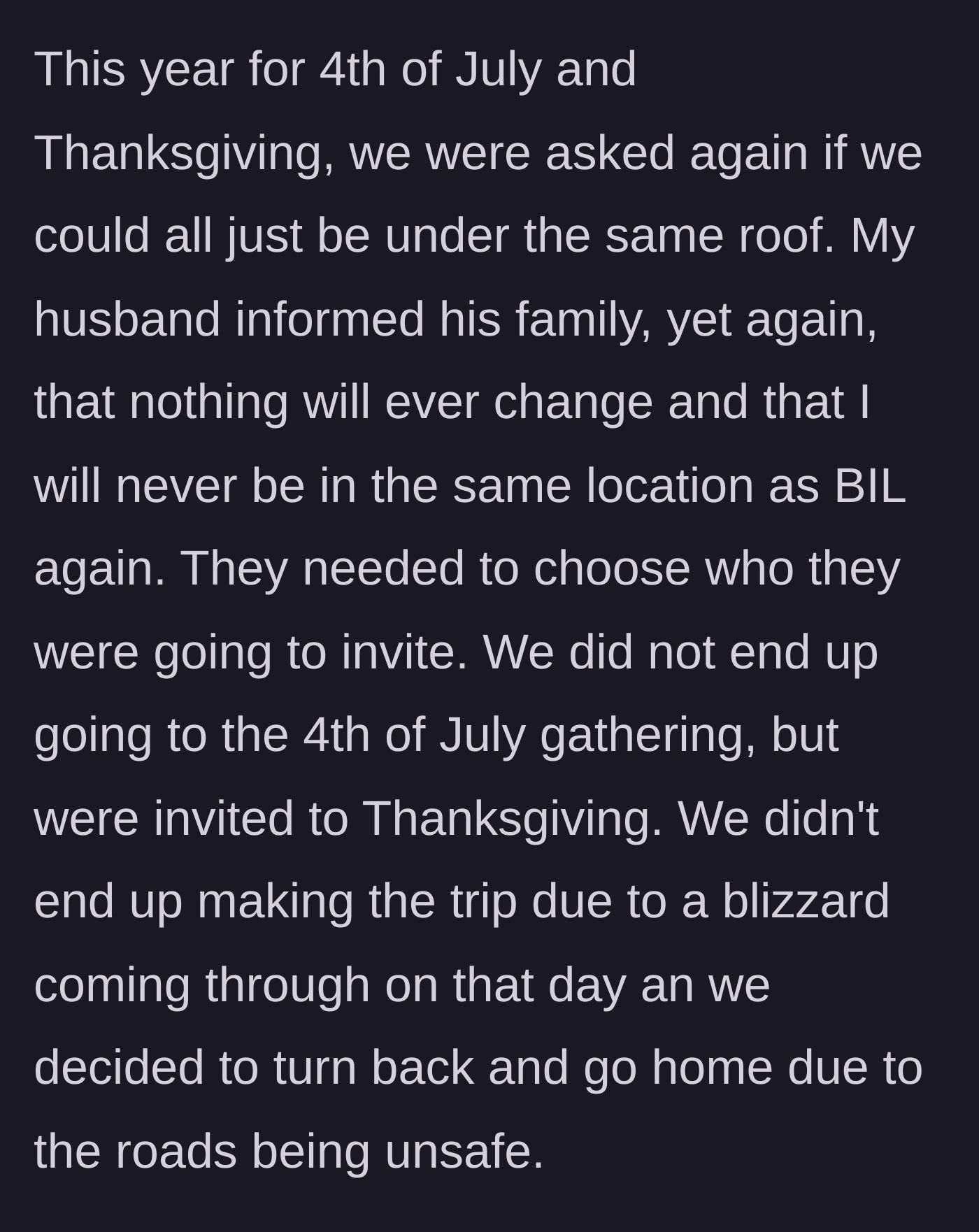 Story part 7 - The family pushes for reconciliation for July 4th and Thanksgiving
