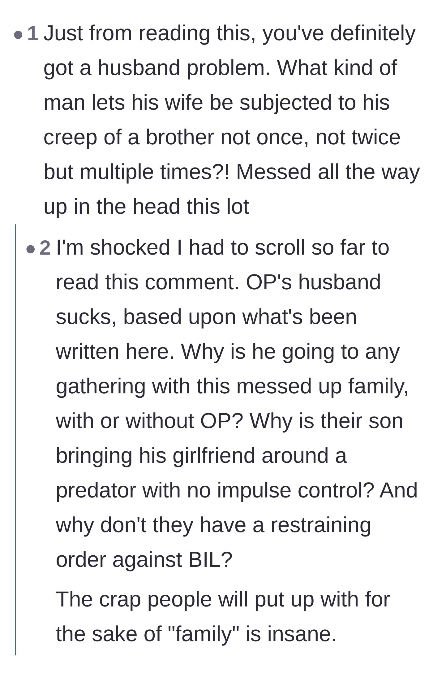 Comment thread 6 - Debate over the husband's massive failure to protect his wife and why he still speaks to his family