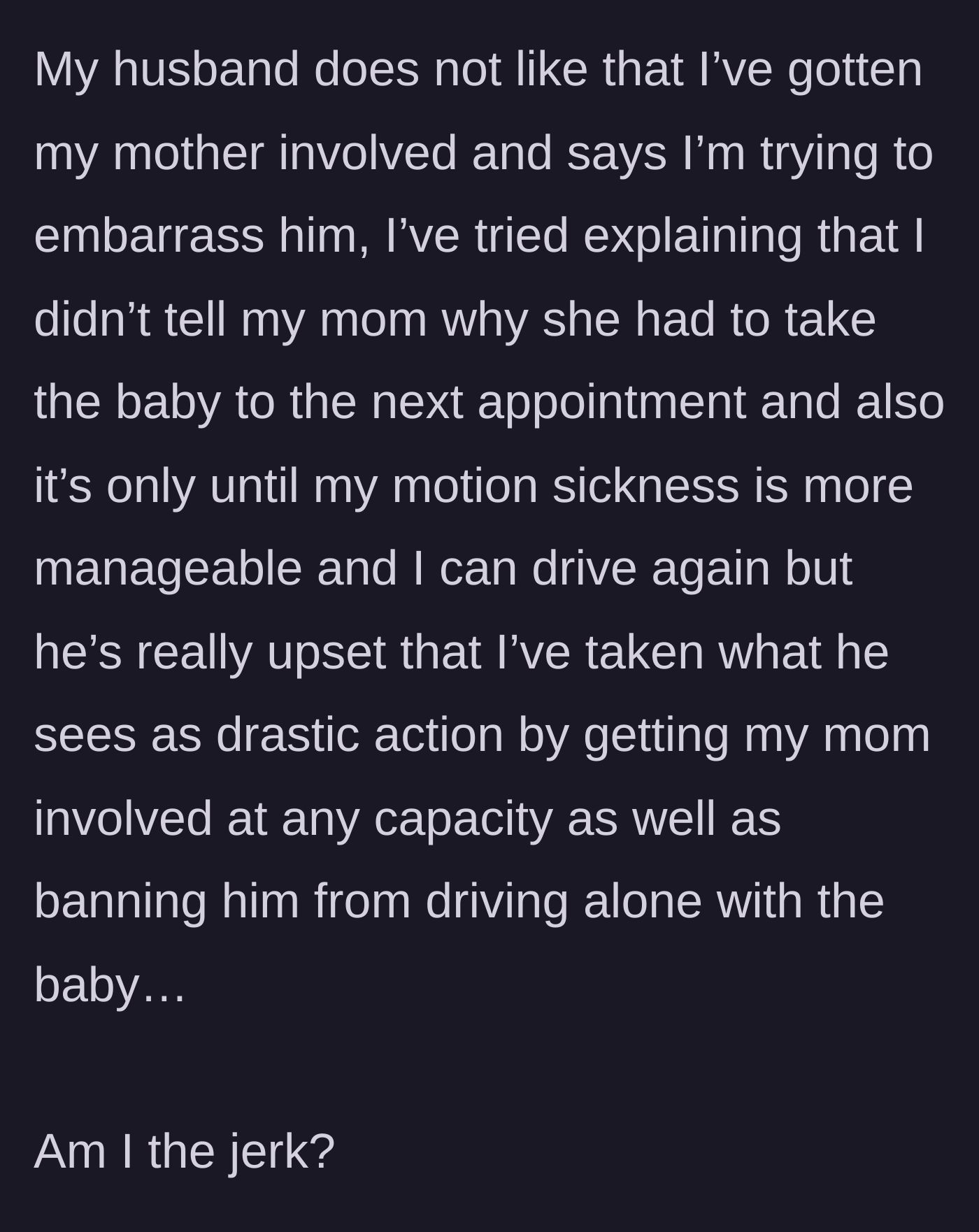 Story part 6 - The husband complains that involving his mother-in-law is a drastic move designed to embarrass him.