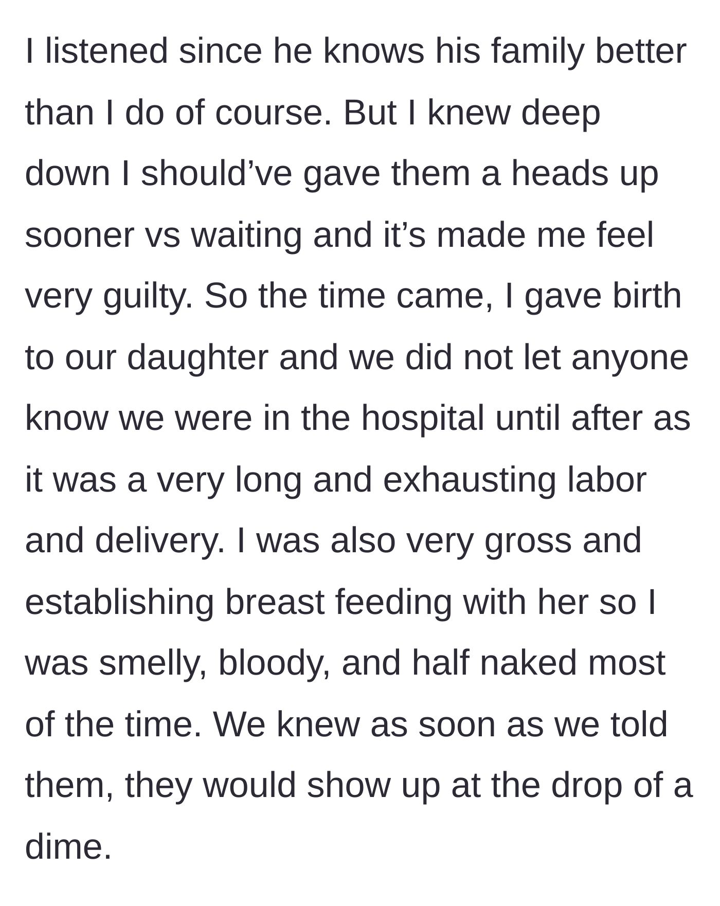Story part 3 - The mother's grueling labor experience and the choice to withhold the hospital news until after the baby arrived.