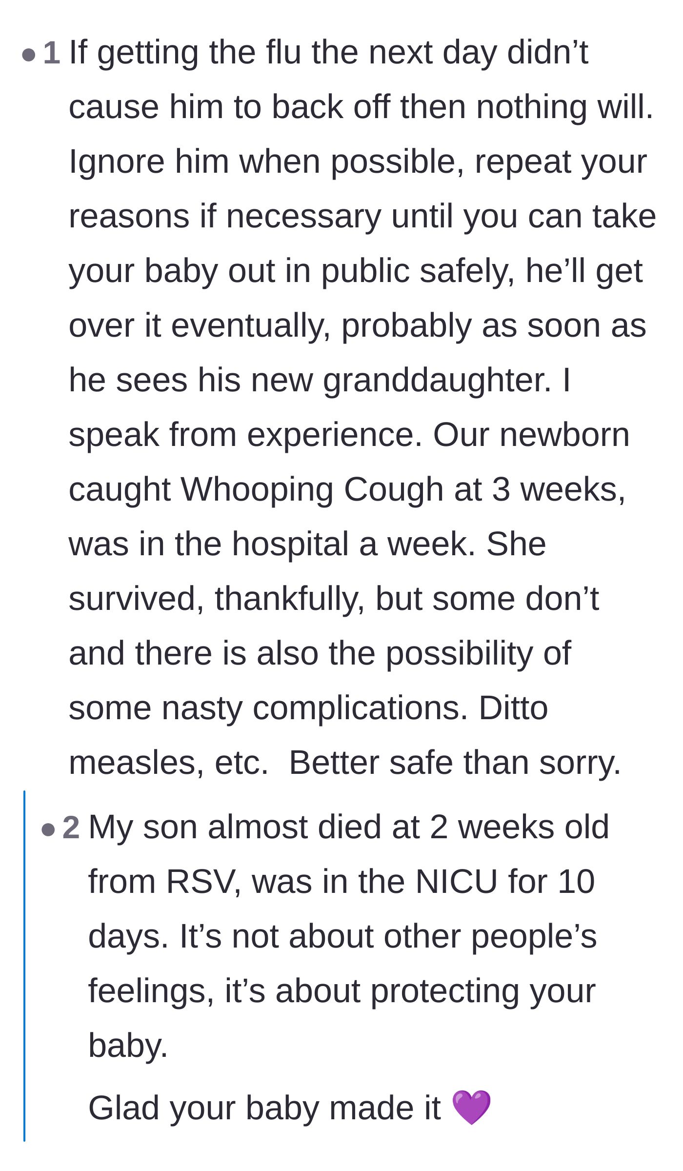 Comment thread 1 - Readers share devastating stories of infants contracting RSV to validate the mother's strict isolation rules.