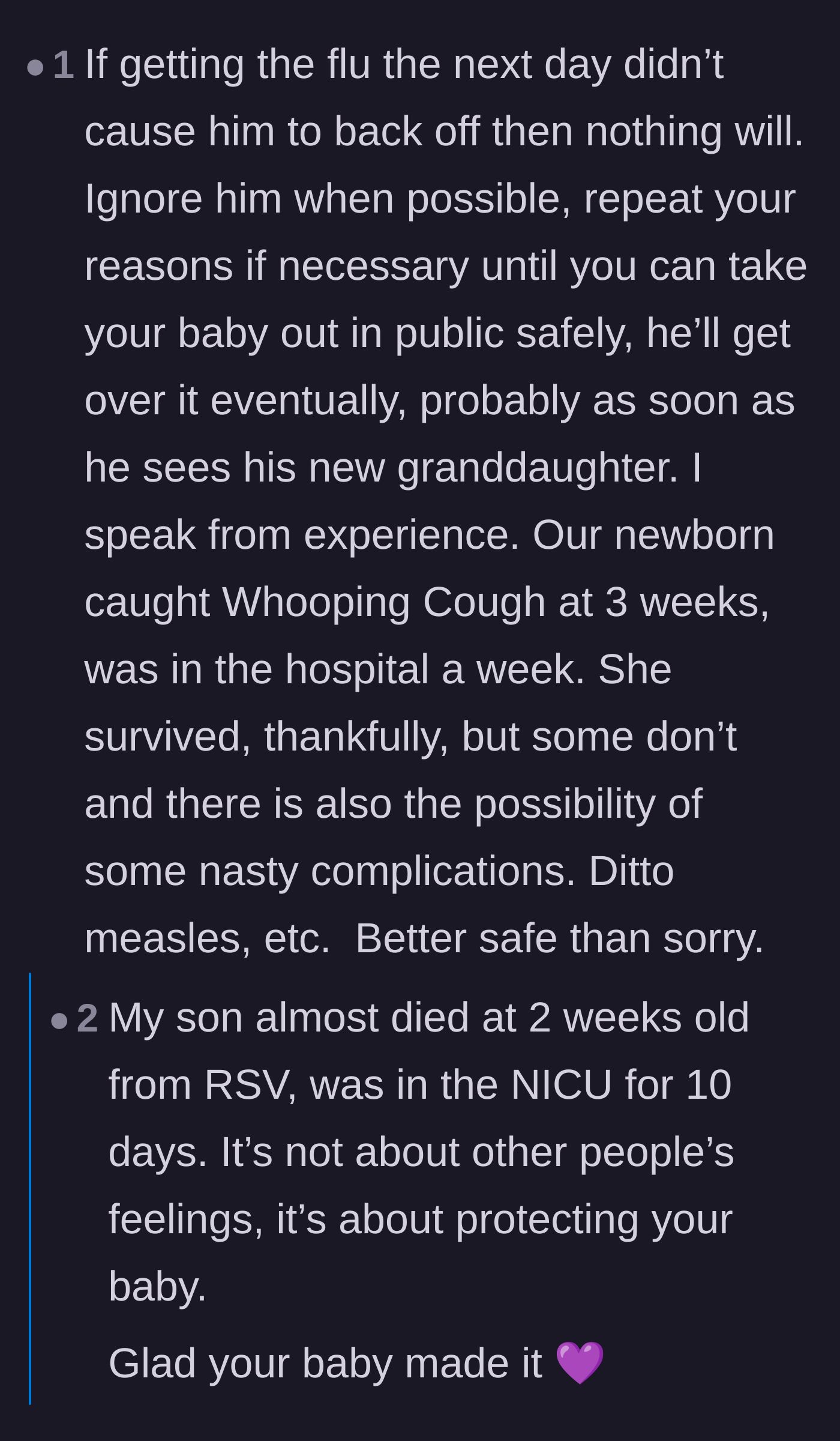 Comment thread 1 - Readers share devastating stories of infants contracting RSV to validate the mother's strict isolation rules.