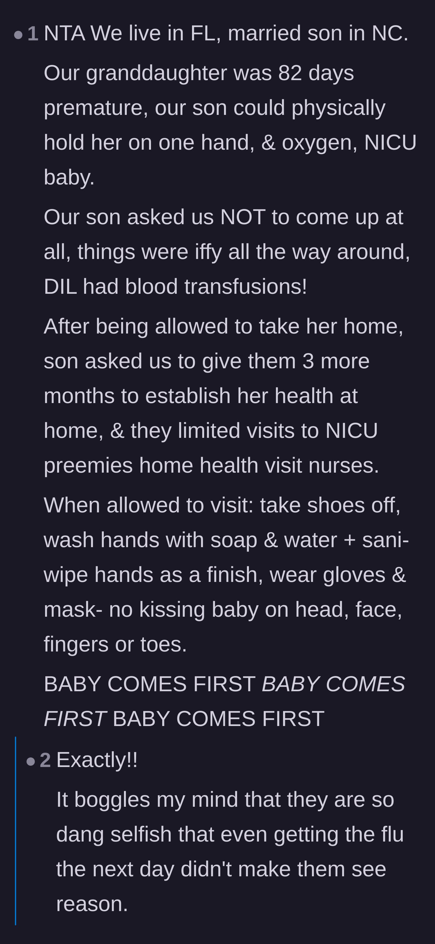Comment thread 2 - A grandparent of a premature baby chimes in to explain how they gladly followed strict hygiene and isolation rules.
