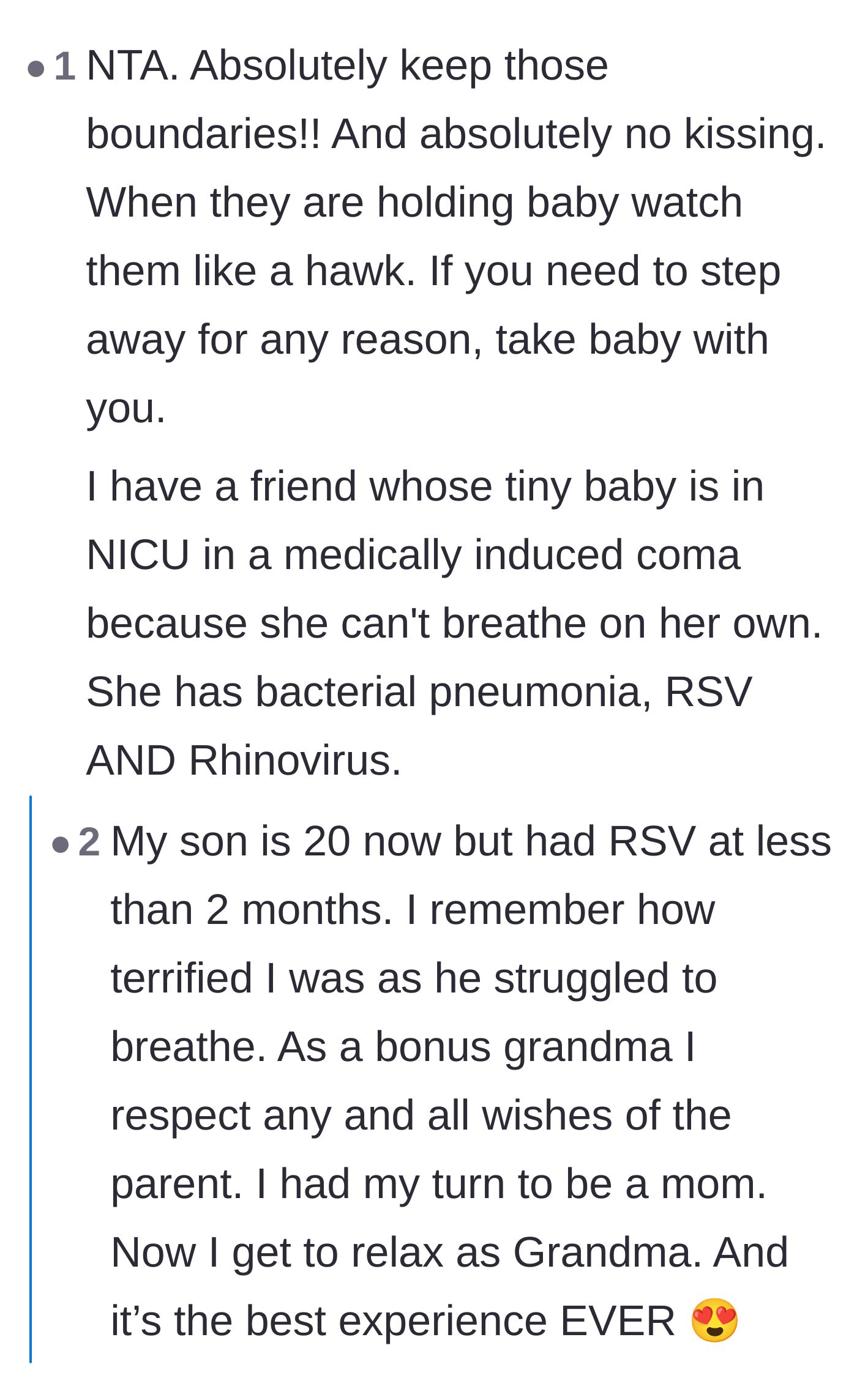 Comment thread 5 - Reminders to physically remove the baby from the room if the in-laws refuse to follow the rules during future visits.