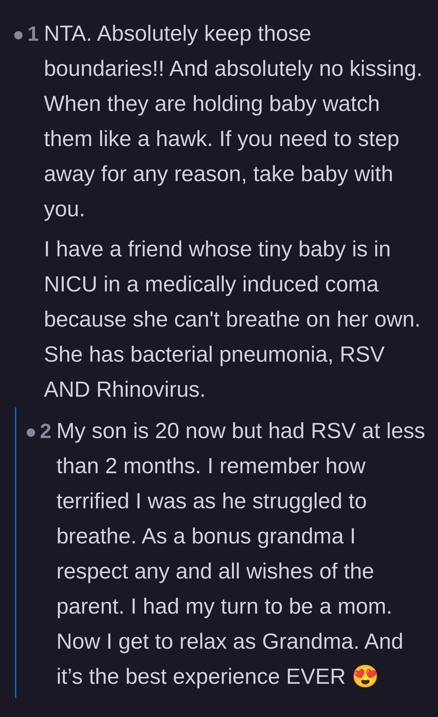 Comment thread 5 - Reminders to physically remove the baby from the room if the in-laws refuse to follow the rules during future visits.