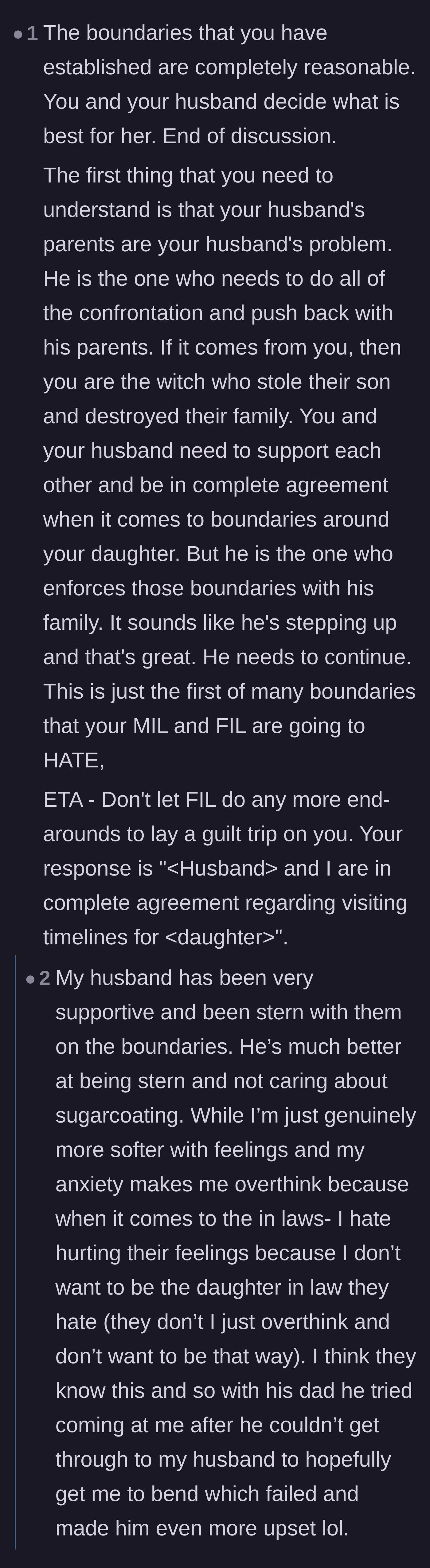 Comment thread 6 - Debate surrounding the husband's duty to manage his own parents and the father-in-law's attempt to manipulate the mother directly.