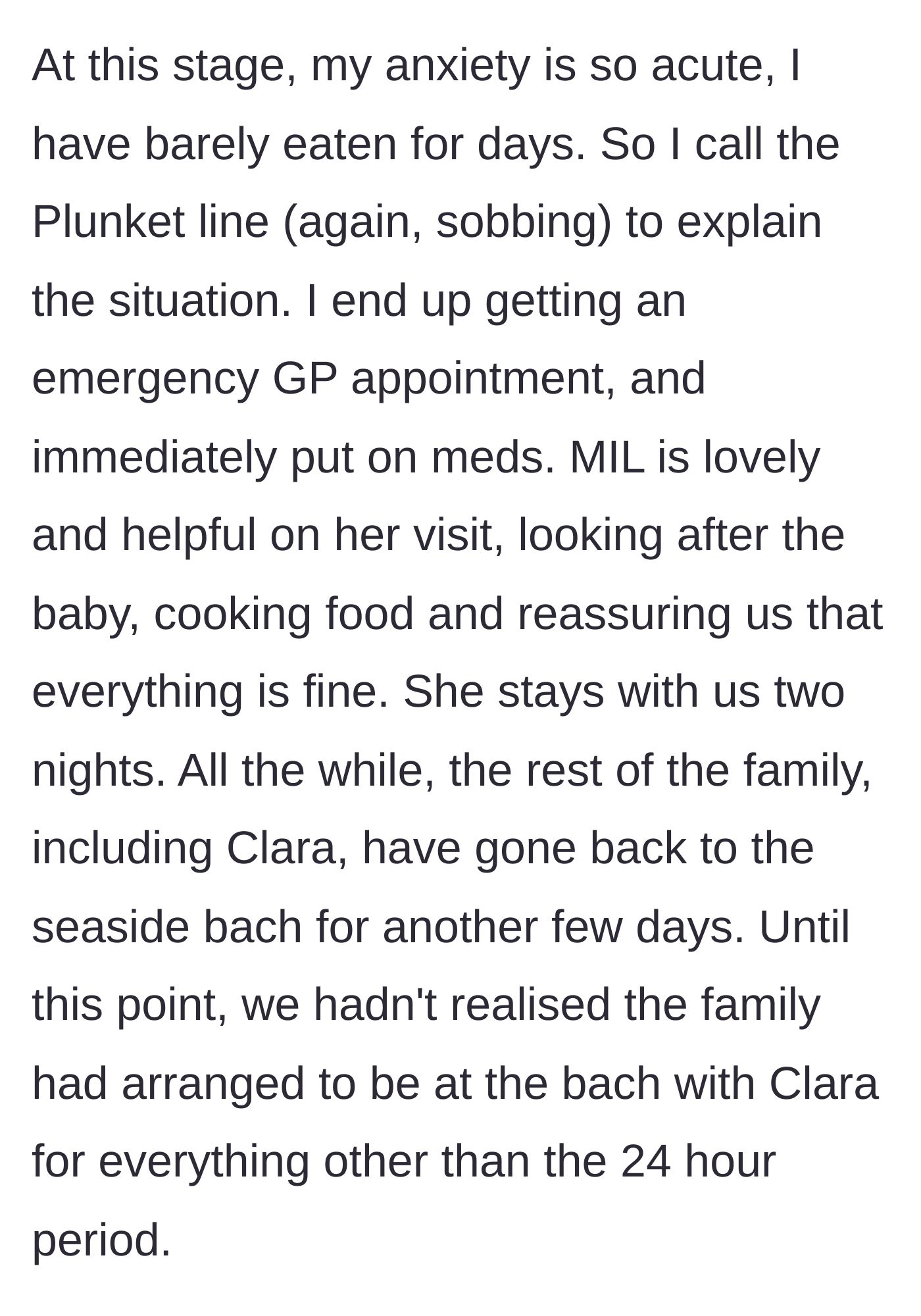 Story part 10 - Main character gets emergency medical help for her acute anxiety, only to learn the rest of the family continued their vacation with the girlfriend.