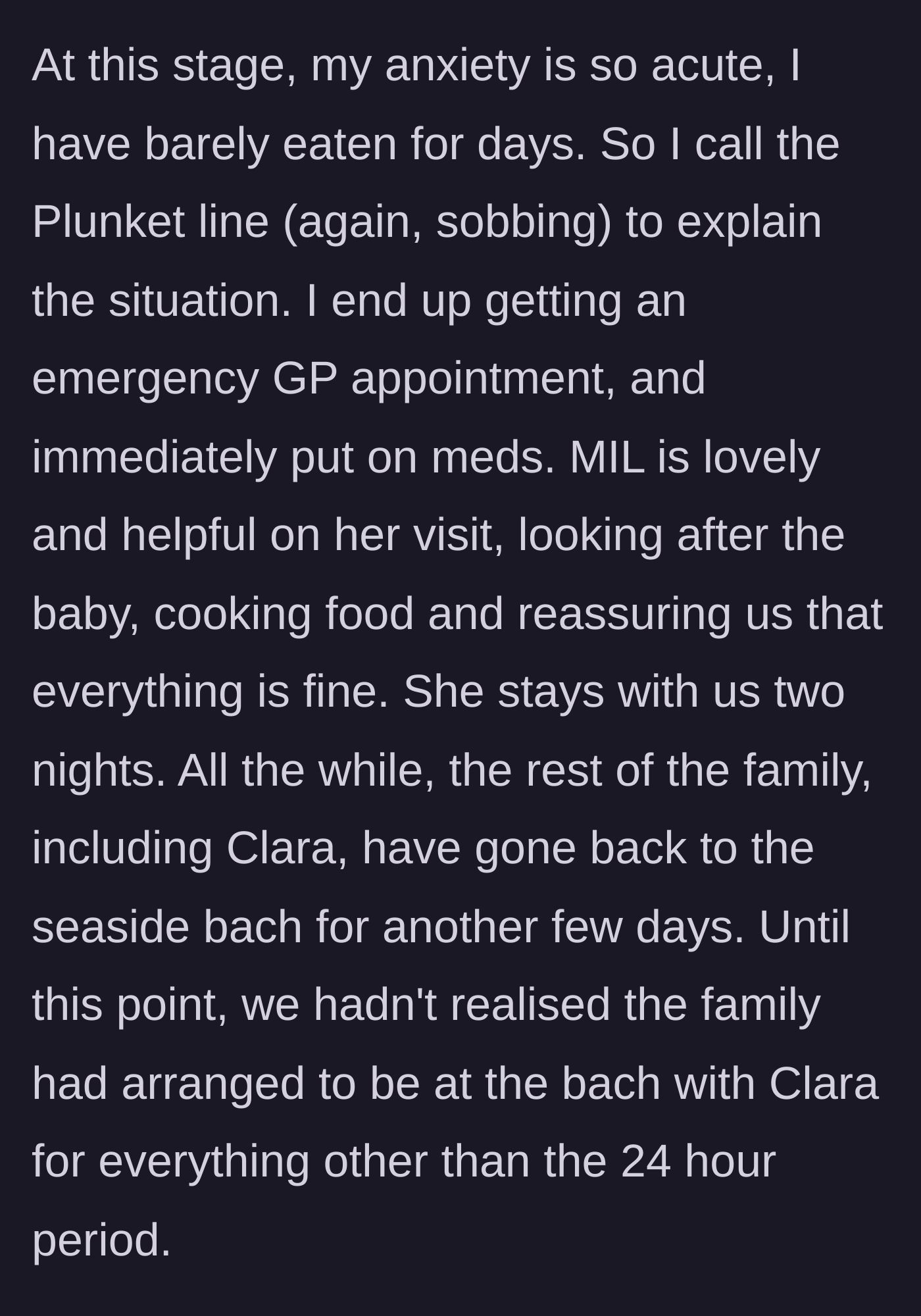 Story part 10 - Main character gets emergency medical help for her acute anxiety, only to learn the rest of the family continued their vacation with the girlfriend.