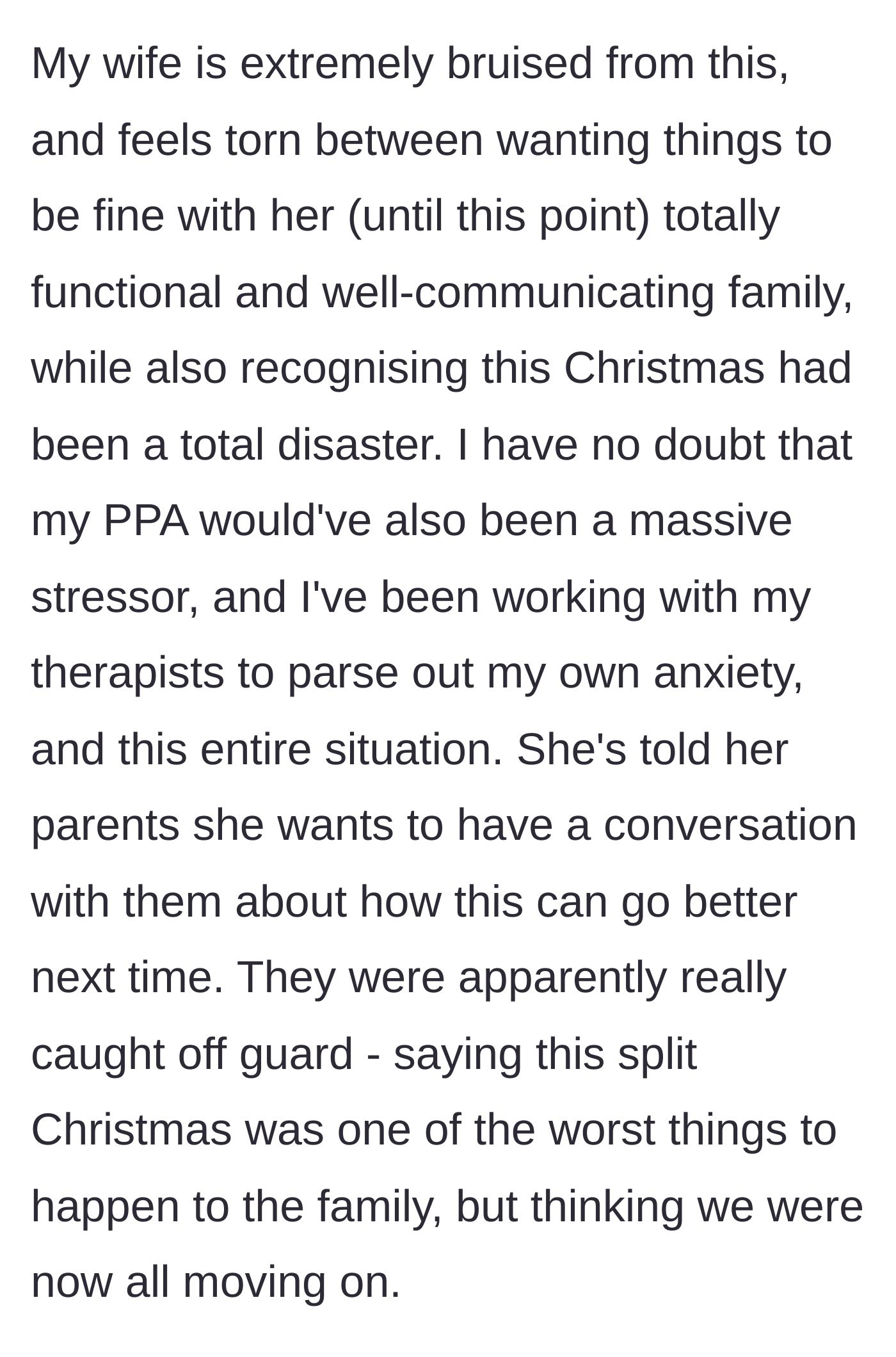 Story part 11 - The wife is completely bruised by the disaster and confronts her parents, who are oblivious and thought everyone was moving on.