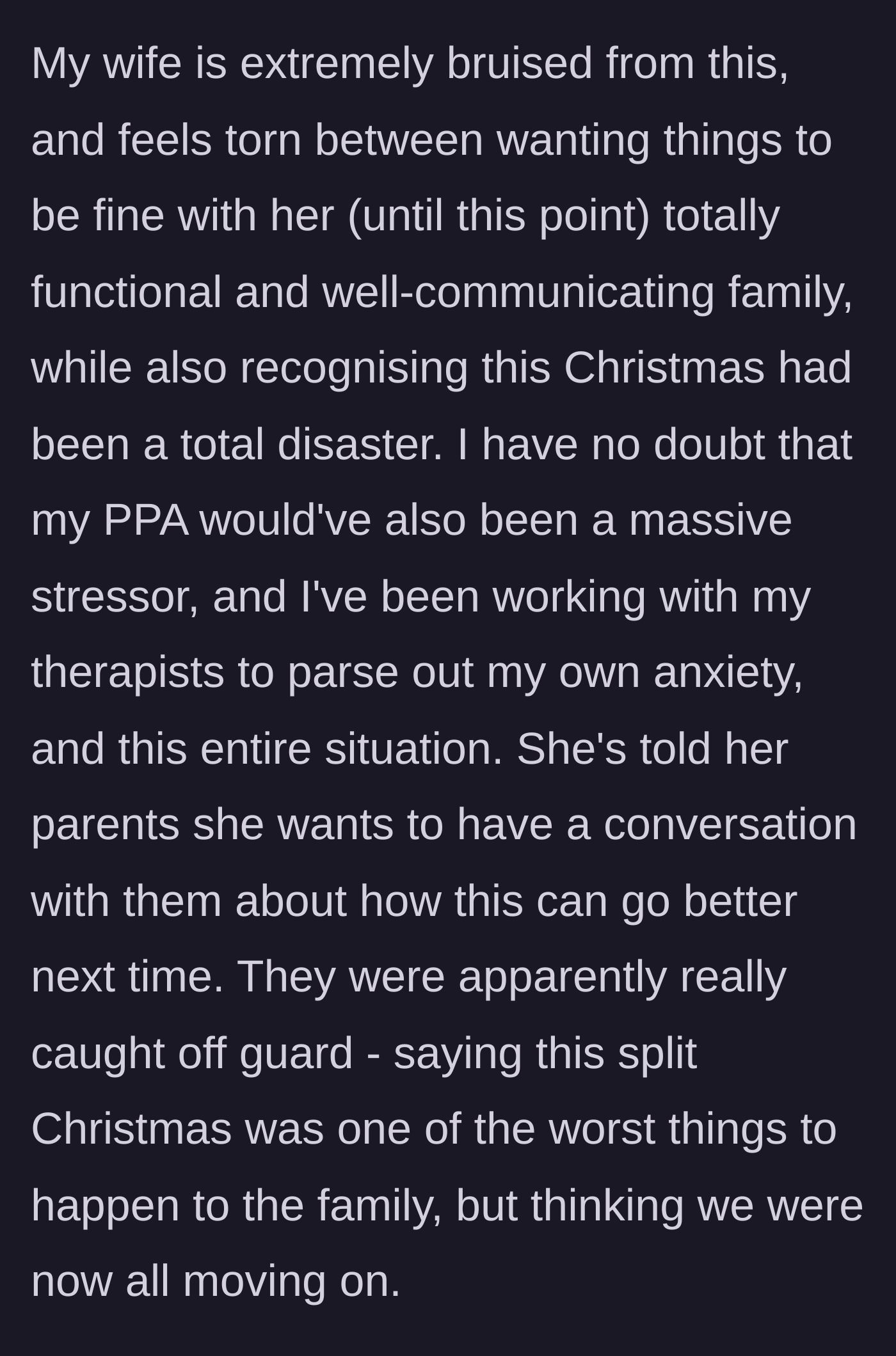 Story part 11 - The wife is completely bruised by the disaster and confronts her parents, who are oblivious and thought everyone was moving on.