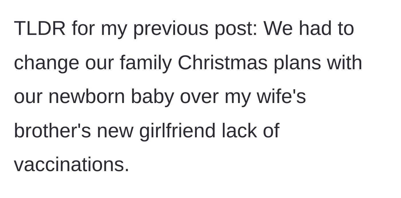 Story part 1 - A quick recap of the initial conflict involving changing family Christmas plans because of an unvaccinated guest.