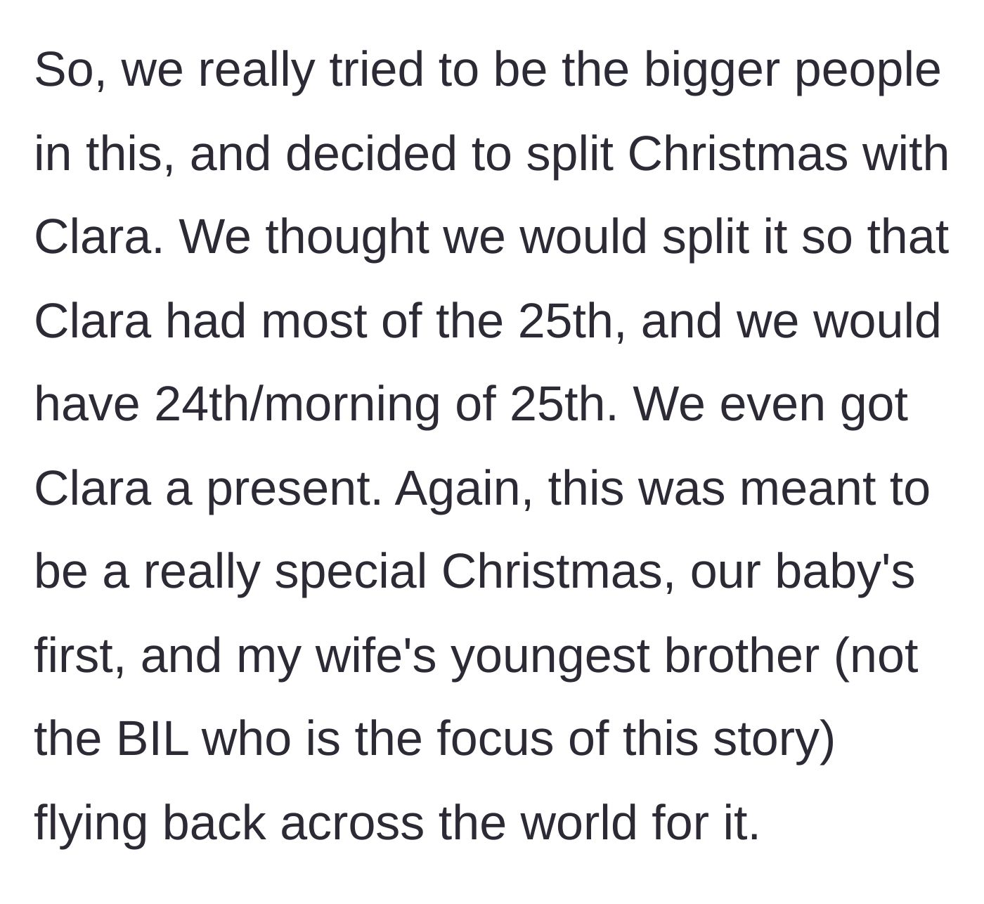 Story part 2 - The couple tries to be the bigger people by splitting Christmas to accommodate the brother-in-law's new girlfriend.