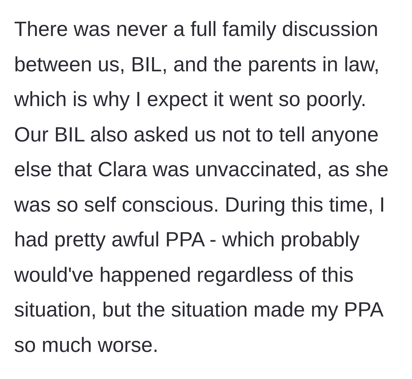 Story part 4 - The brother-in-law demands secrecy about the girlfriend's vaccine status while the main character battles worsening postpartum anxiety.