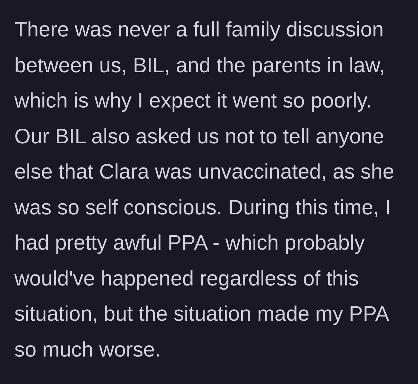 Story part 4 - The brother-in-law demands secrecy about the girlfriend's vaccine status while the main character battles worsening postpartum anxiety.