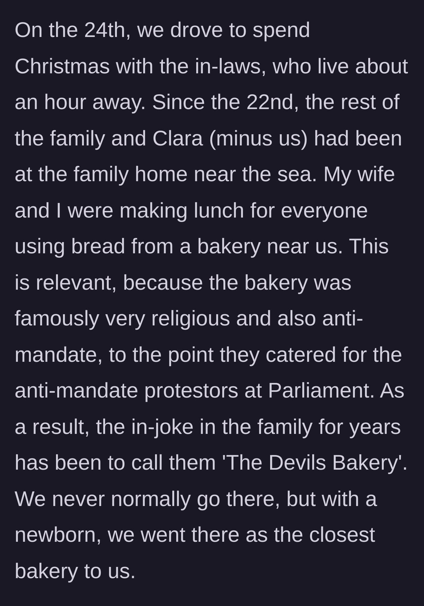 Story part 5 - Driving to the in-laws on Christmas Eve and setting the scene with bread from a bakery that has a funny family nickname.