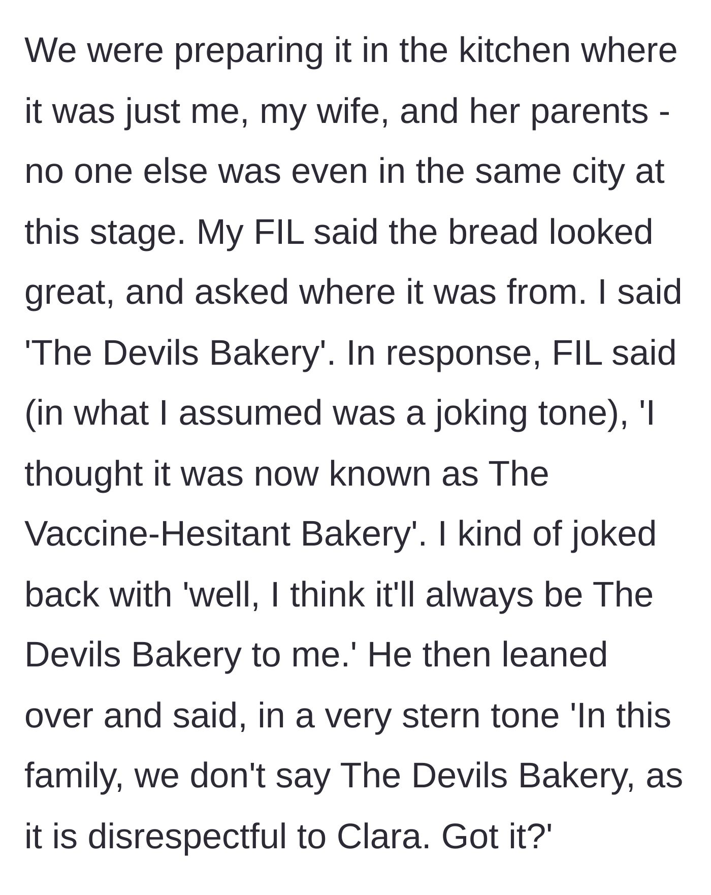 Story part 6 - The father-in-law sternly reprimands the main character for using the bakery's nickname, saying it disrespects the girlfriend.