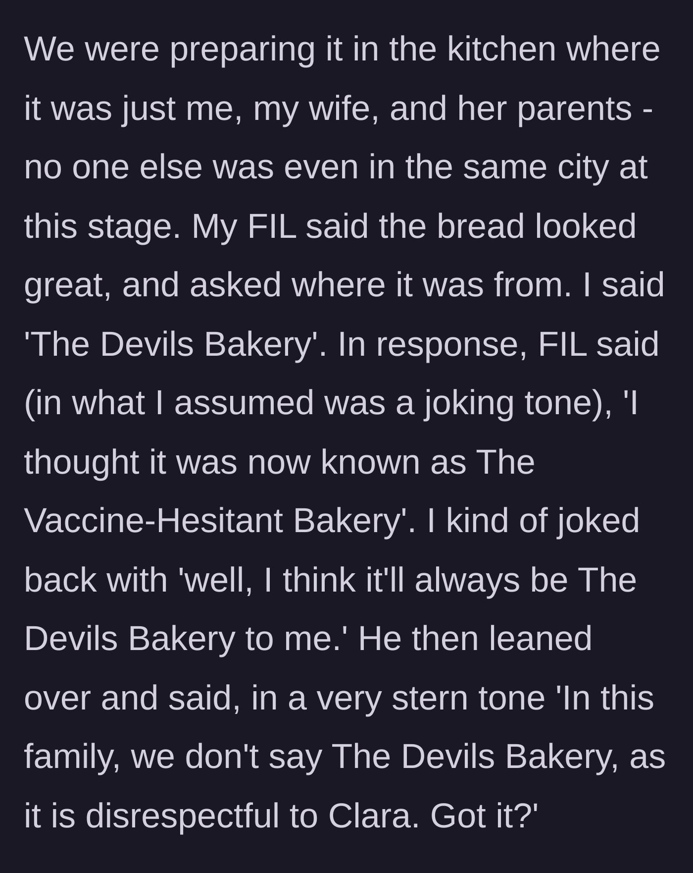 Story part 6 - The father-in-law sternly reprimands the main character for using the bakery's nickname, saying it disrespects the girlfriend.