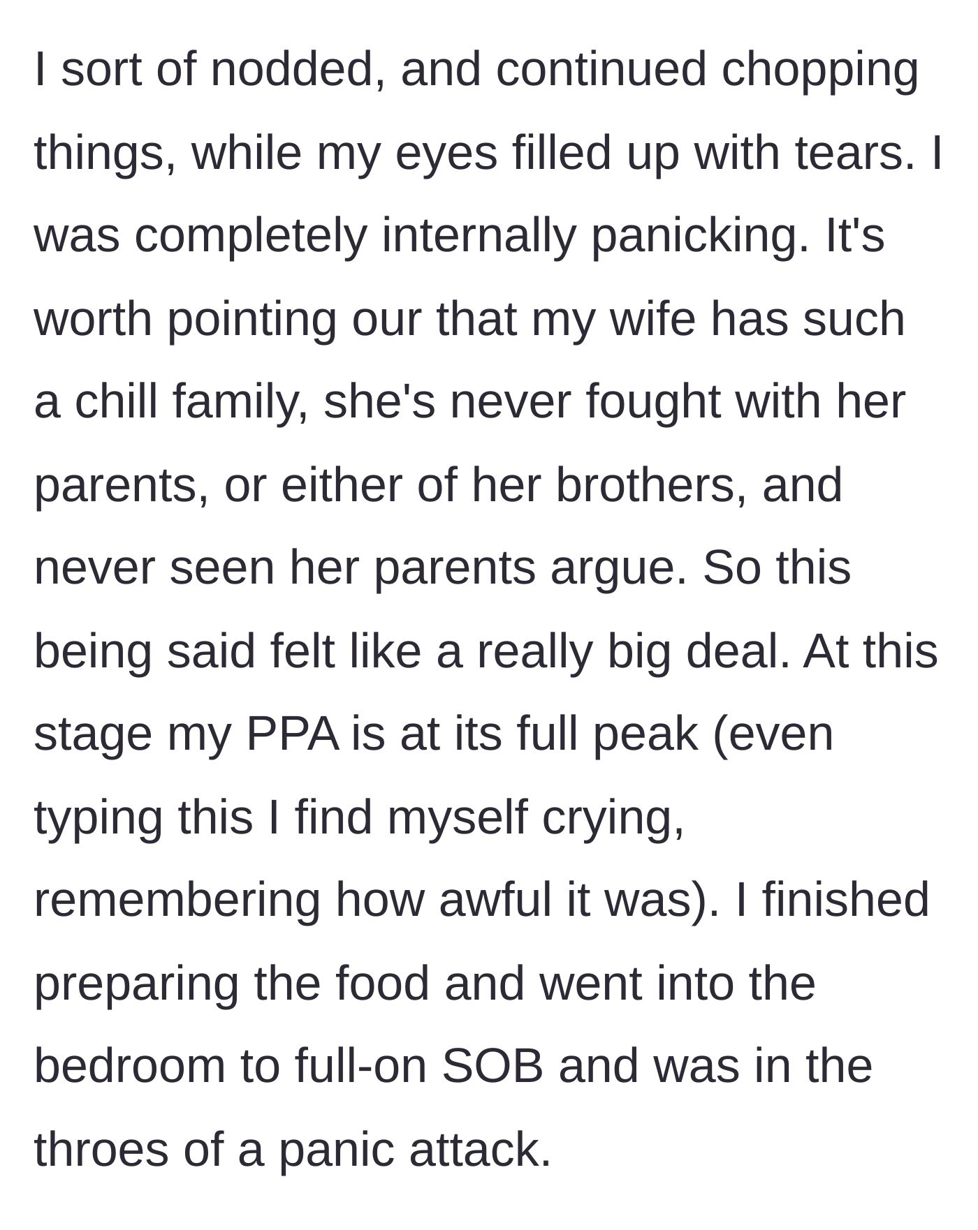 Story part 7 - The main character goes into an intense panic attack and retreats to the bedroom to sob.