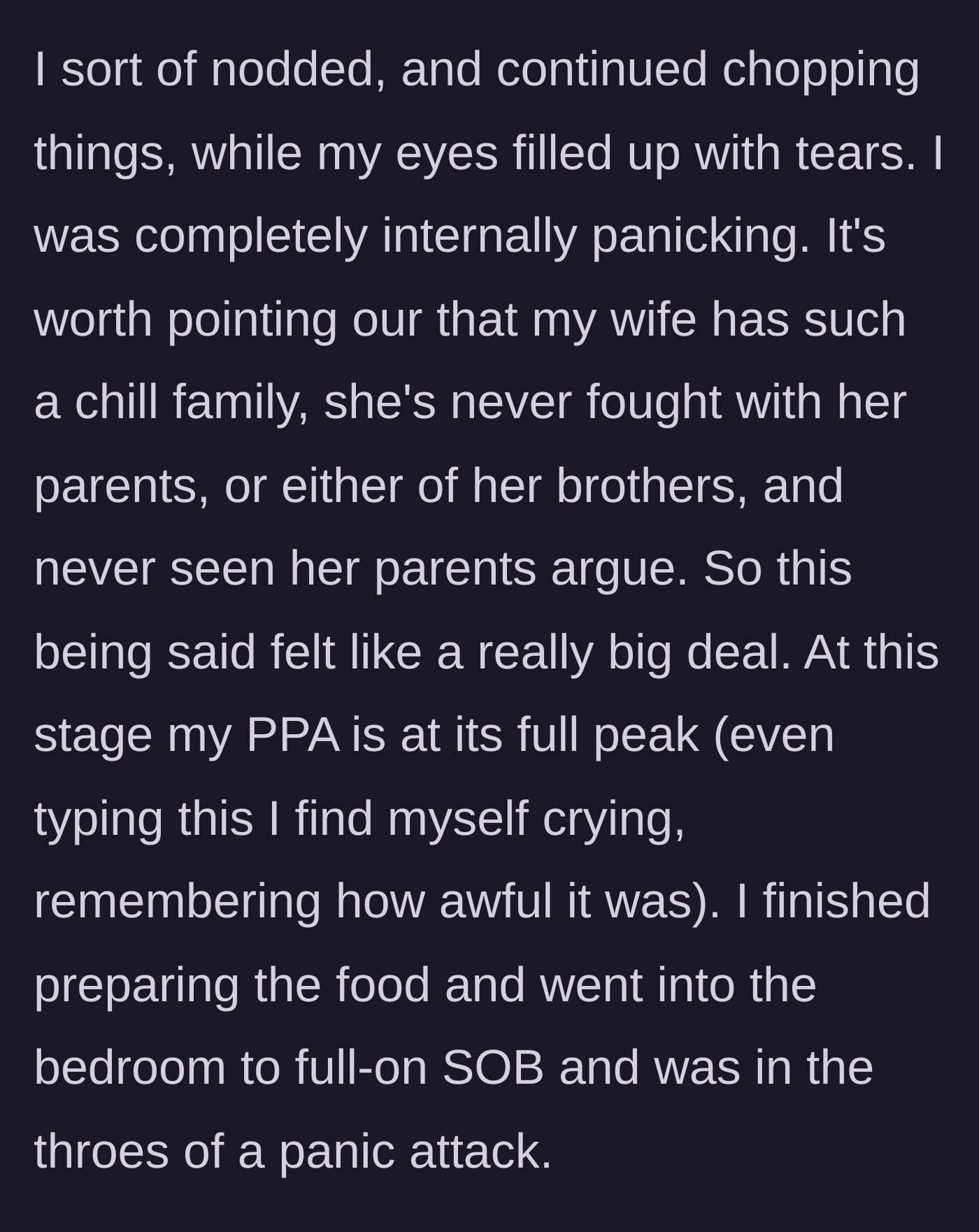 Story part 7 - The main character goes into an intense panic attack and retreats to the bedroom to sob.