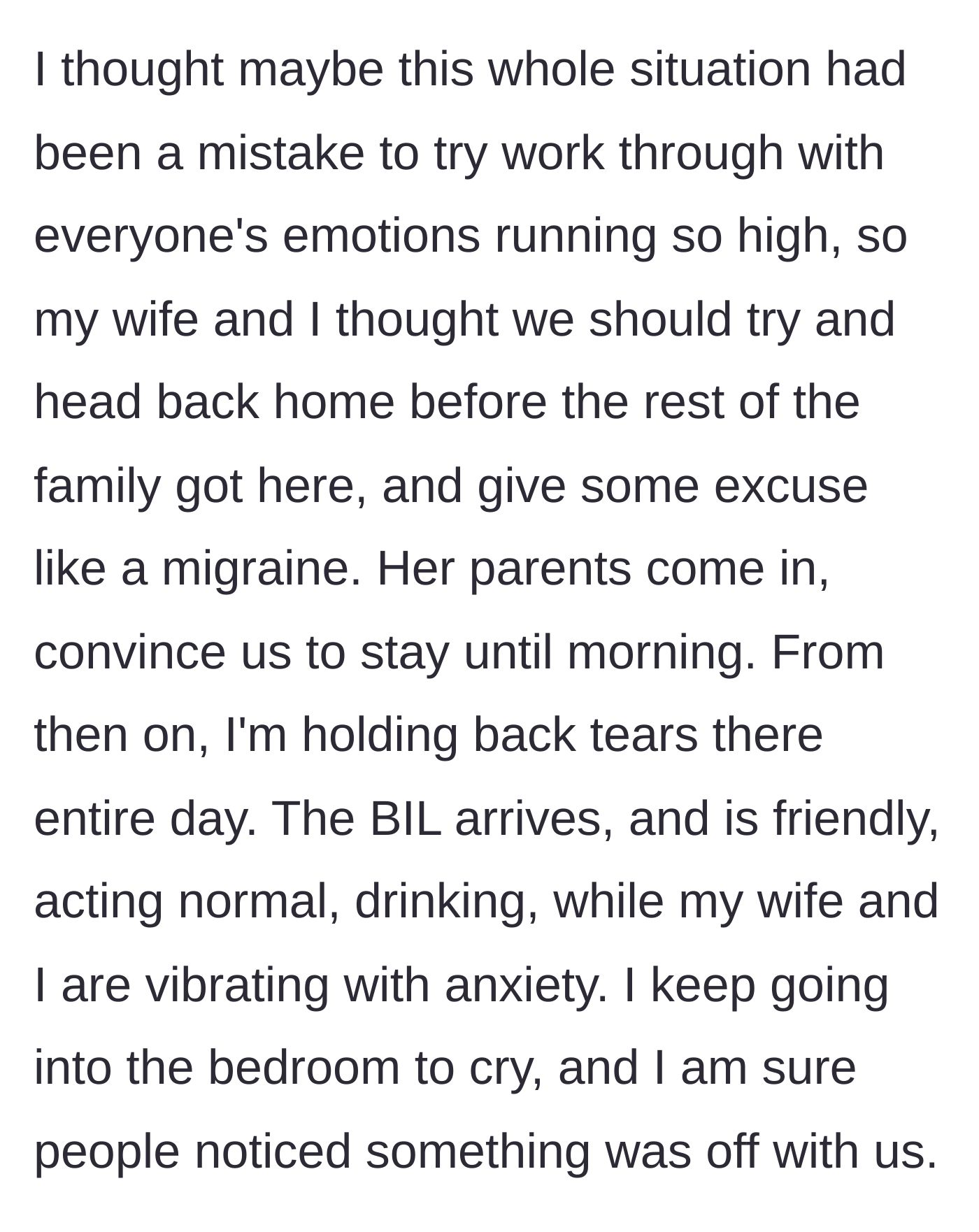 Story part 8 - The couple tries to leave early but is convinced to stay, spending the day vibrating with anxiety while the brother-in-law acts completely normal.