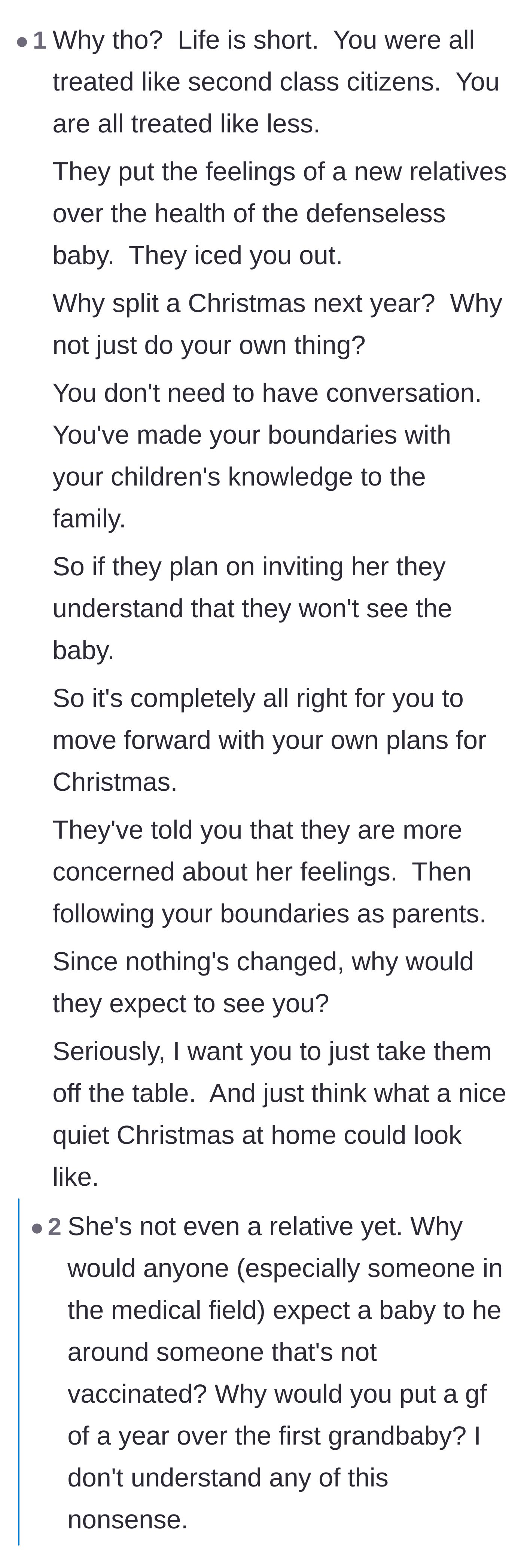 Comment thread 2 - Advice urging the couple to stop accommodating the family and just start their own peaceful holiday traditions.