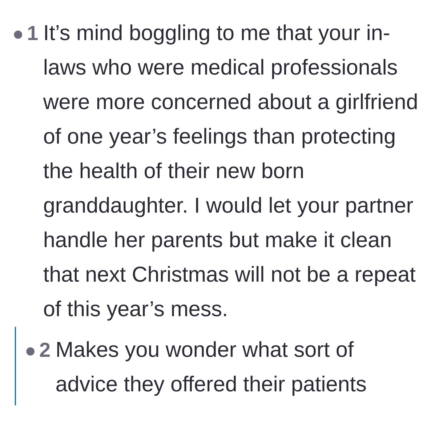 Comment thread 5 - Questioning the medical integrity of the retired doctor in-laws who enabled the unvaccinated guest.