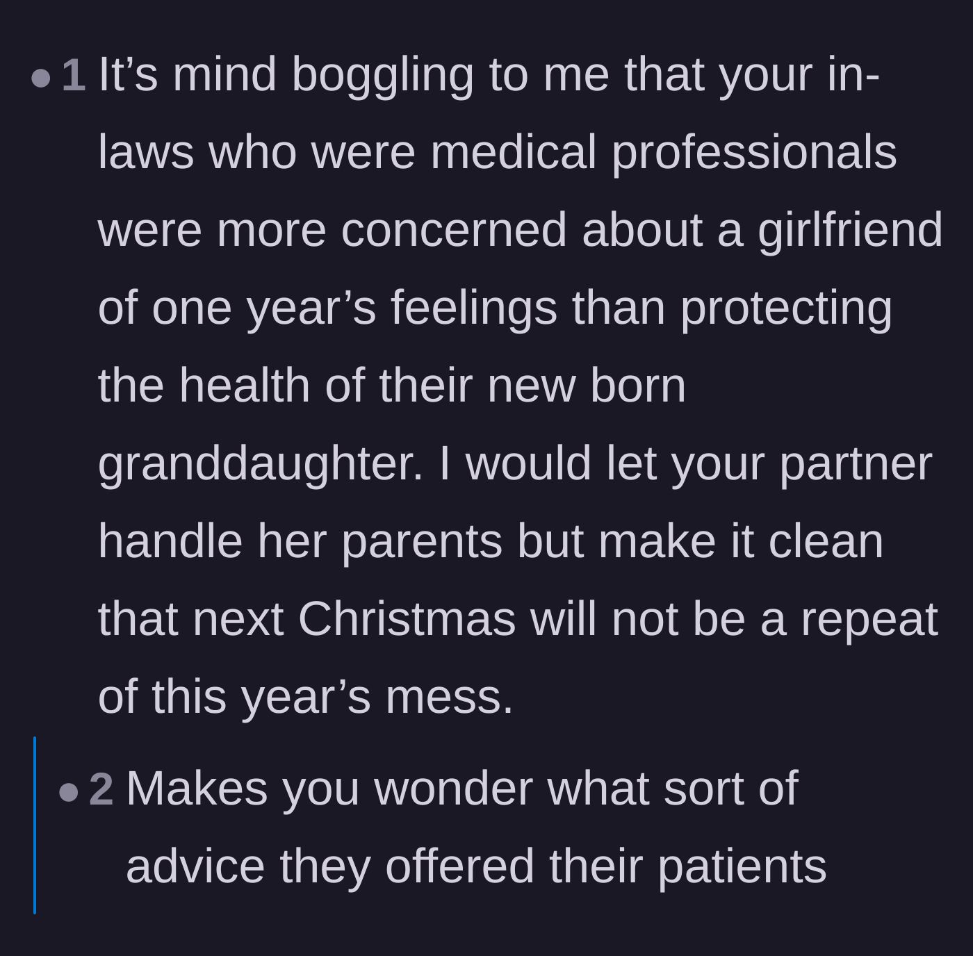 Comment thread 5 - Questioning the medical integrity of the retired doctor in-laws who enabled the unvaccinated guest.