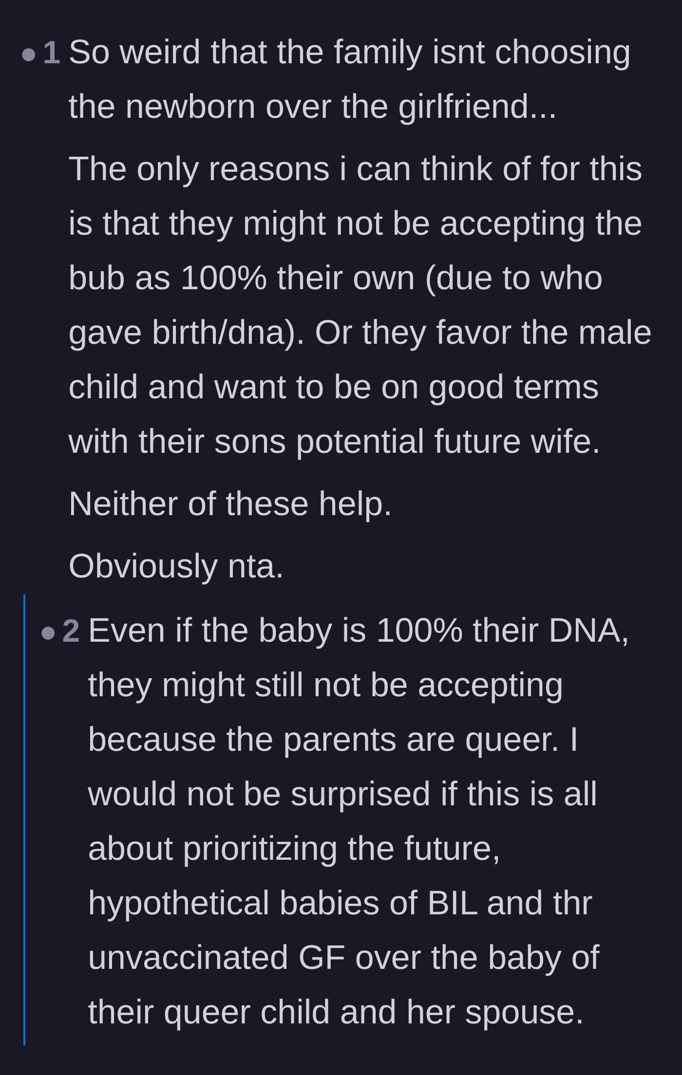 Comment thread 6 - Deeply sad theories that the family simply wanted a fun, carefree holiday and found the anxious new mom and baby to be an inconvenience.