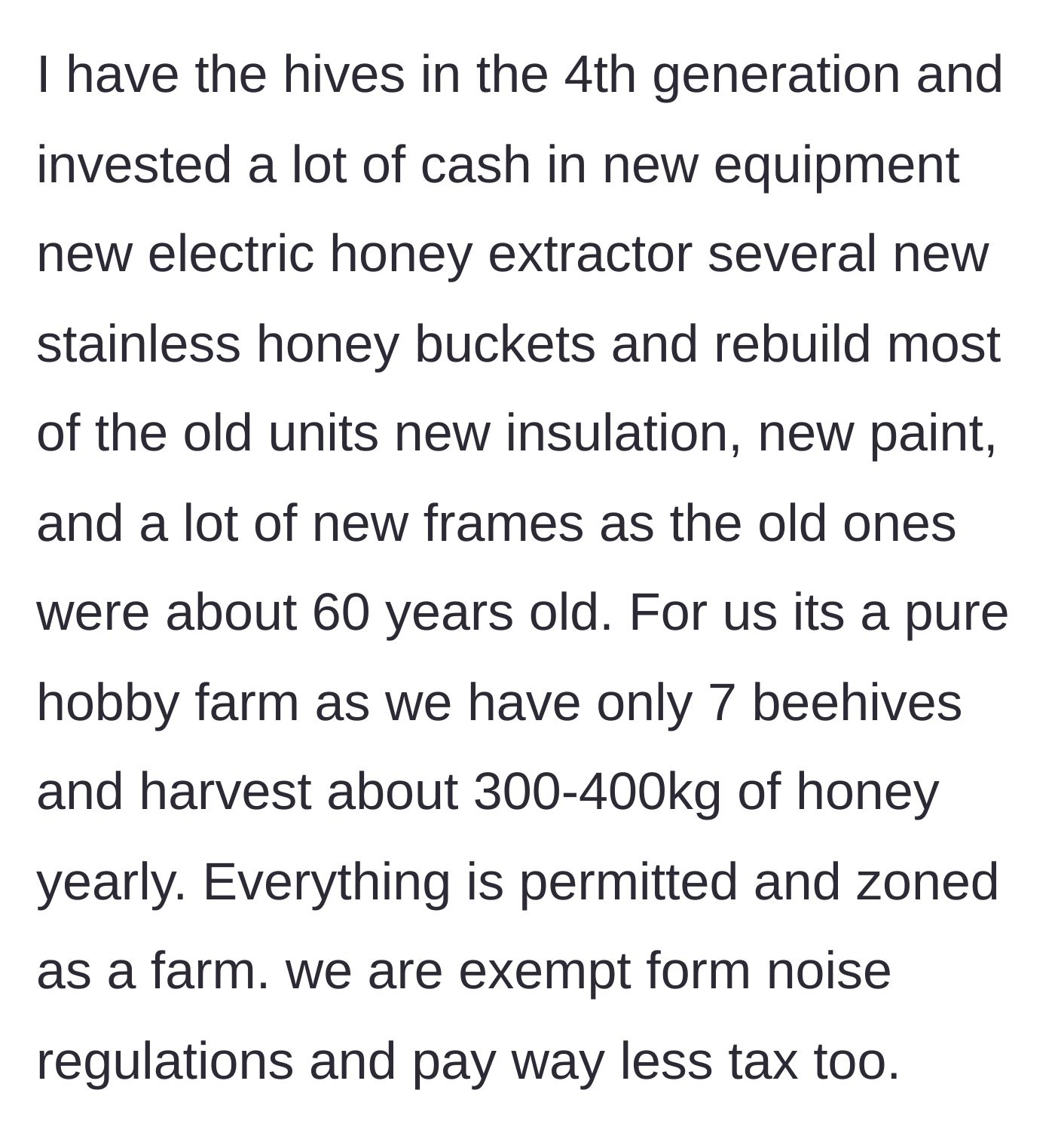 Story part 2 - The main character details their deep, fourth-generation investment in the seven-hive apiary and explains the property's official farm zoning.