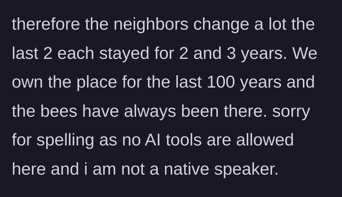 Story part 4 - The main character notes the high turnover rate of neighbors in that specific house, contrasting it with their own family's hundred-year tenure.