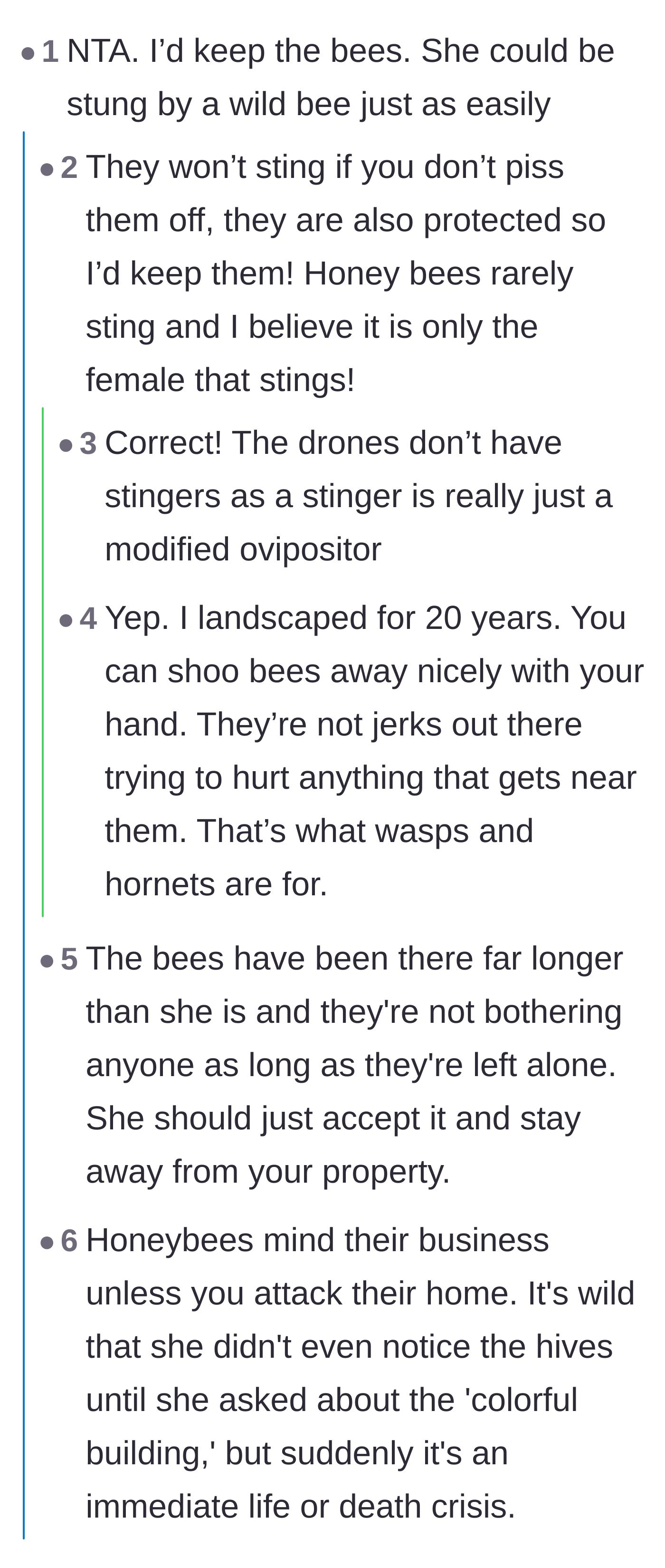 Comment thread 1 - A discussion about how docile honeybees are compared to aggressive wasps, noting they only sting when provoked.