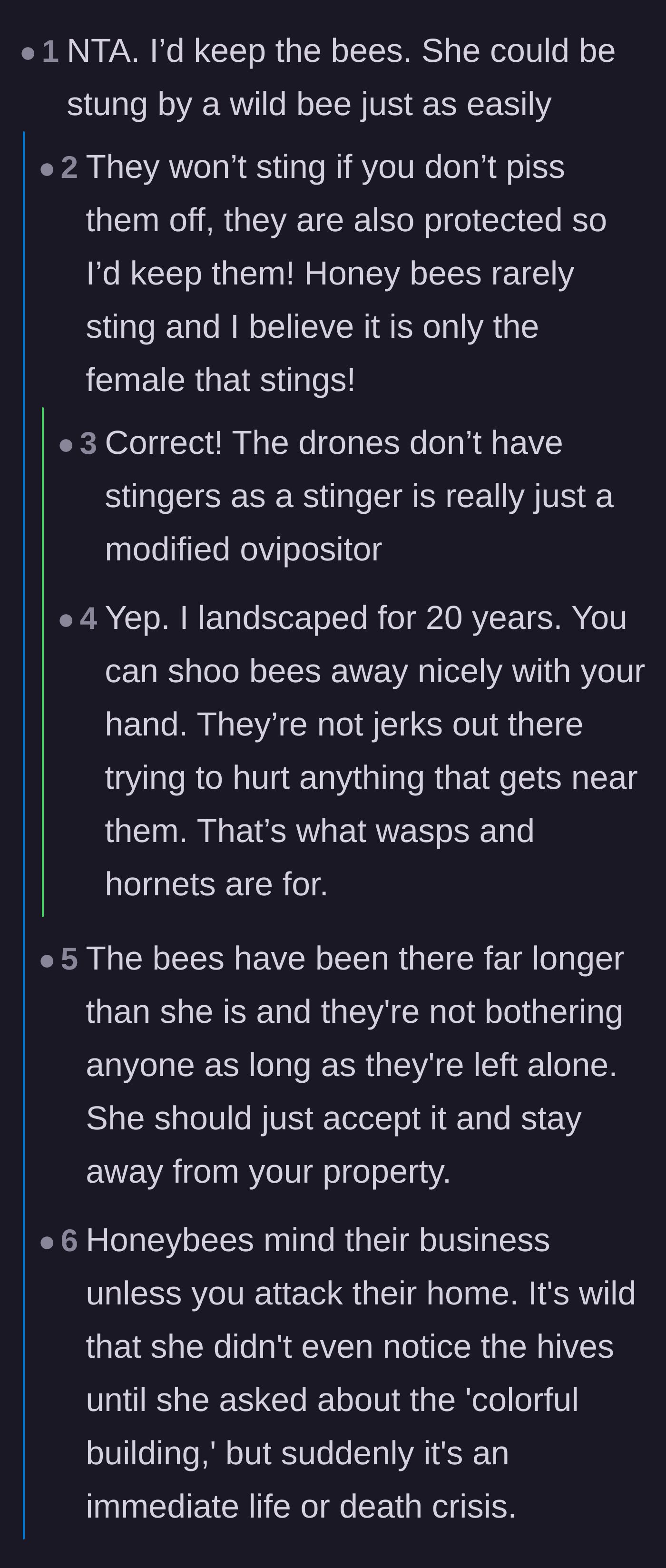 Comment thread 1 - A discussion about how docile honeybees are compared to aggressive wasps, noting they only sting when provoked.