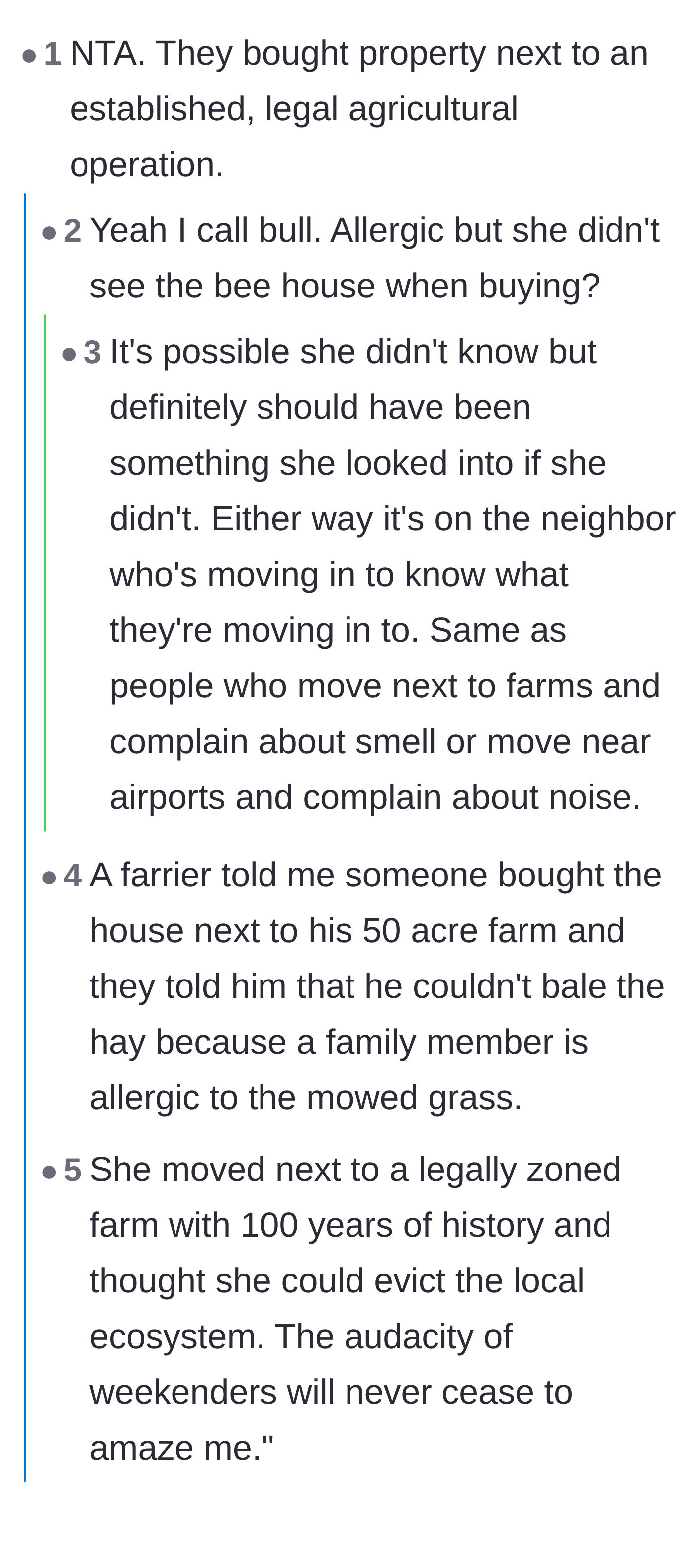 Comment thread 2 - A debate on the legal concept of 'coming to the nuisance' and the absurdity of moving next to a farm to complain about farm activities.