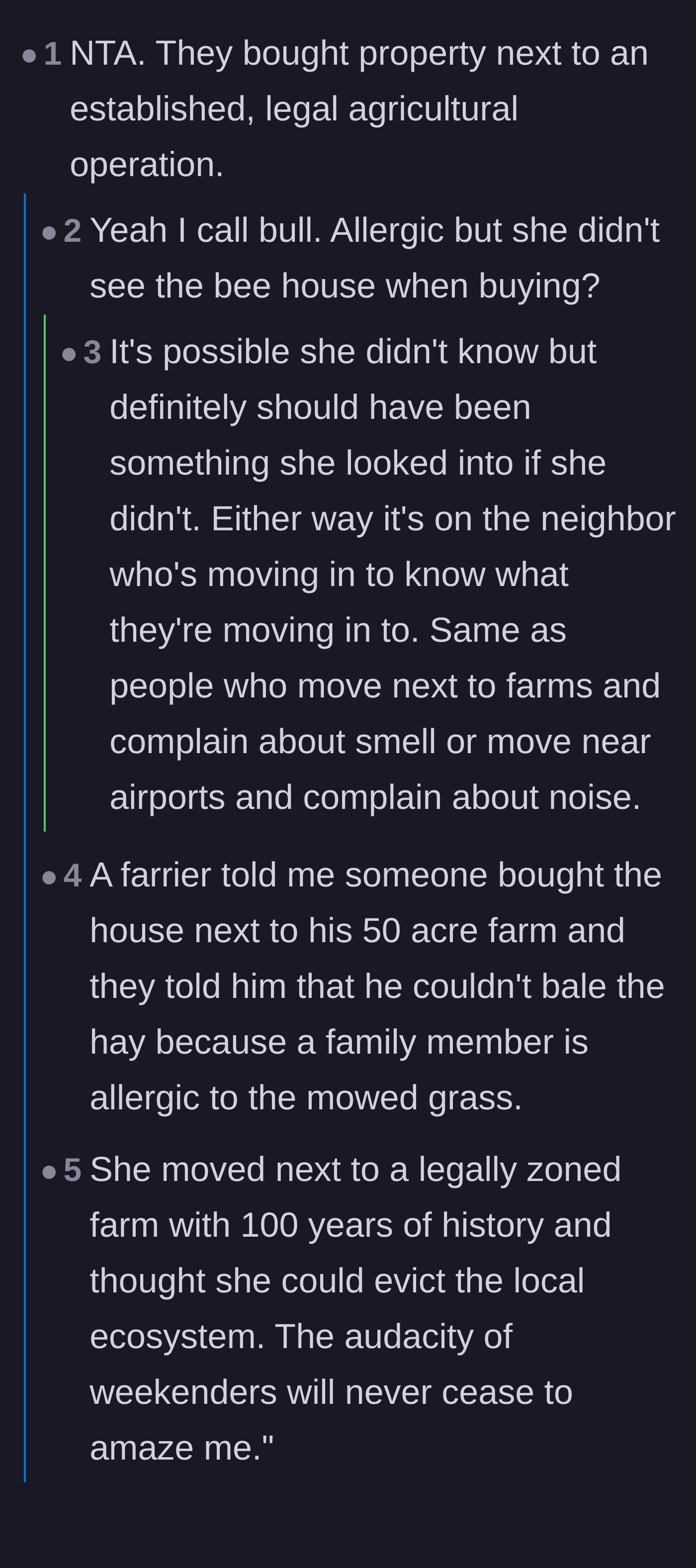 Comment thread 2 - A debate on the legal concept of 'coming to the nuisance' and the absurdity of moving next to a farm to complain about farm activities.