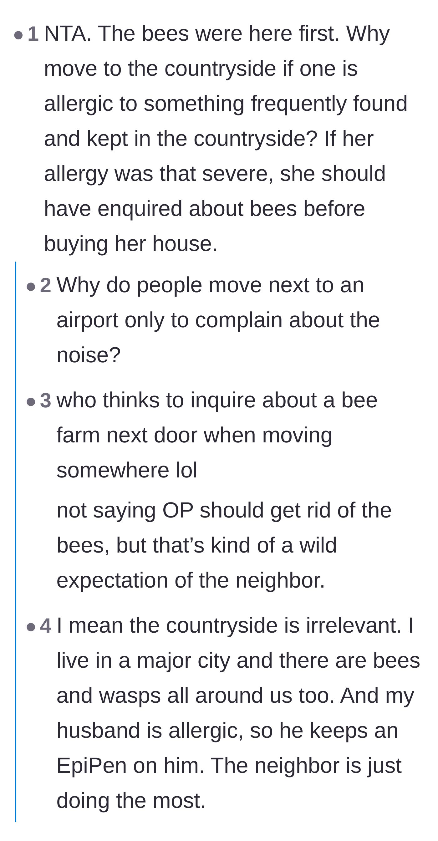 Comment thread 5 - Hilarious comparisons to people moving next to airports or ancient church bells and subsequently trying to shut them down.