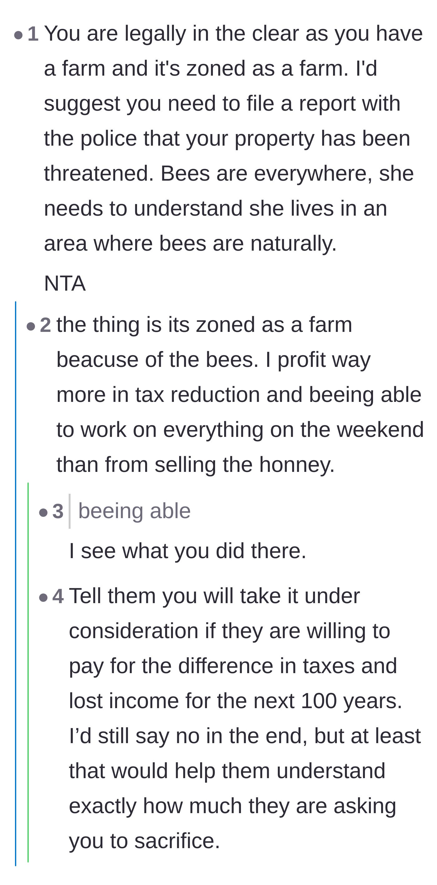 Comment thread 6 - Discussion about the severe financial and tax implications if the main character were forced to abandon their farm zoning status.