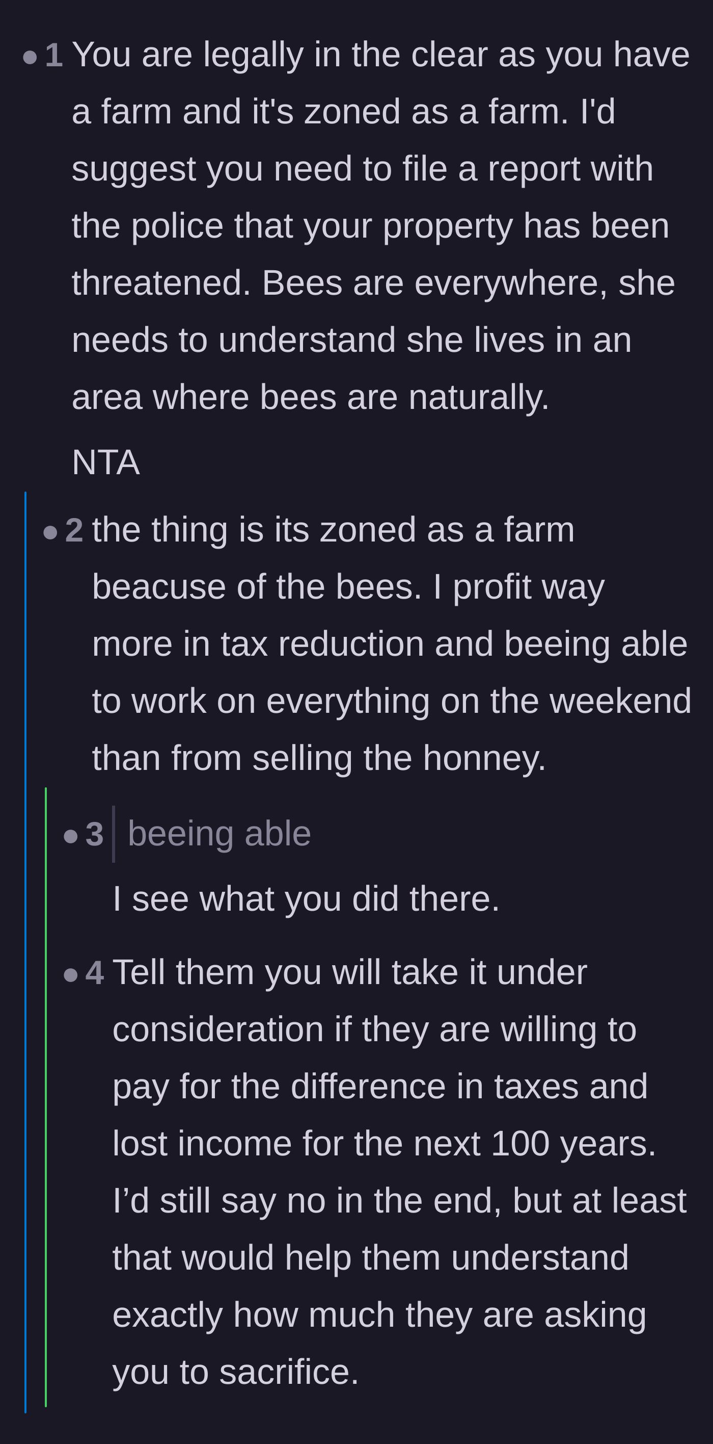 Comment thread 6 - Discussion about the severe financial and tax implications if the main character were forced to abandon their farm zoning status.