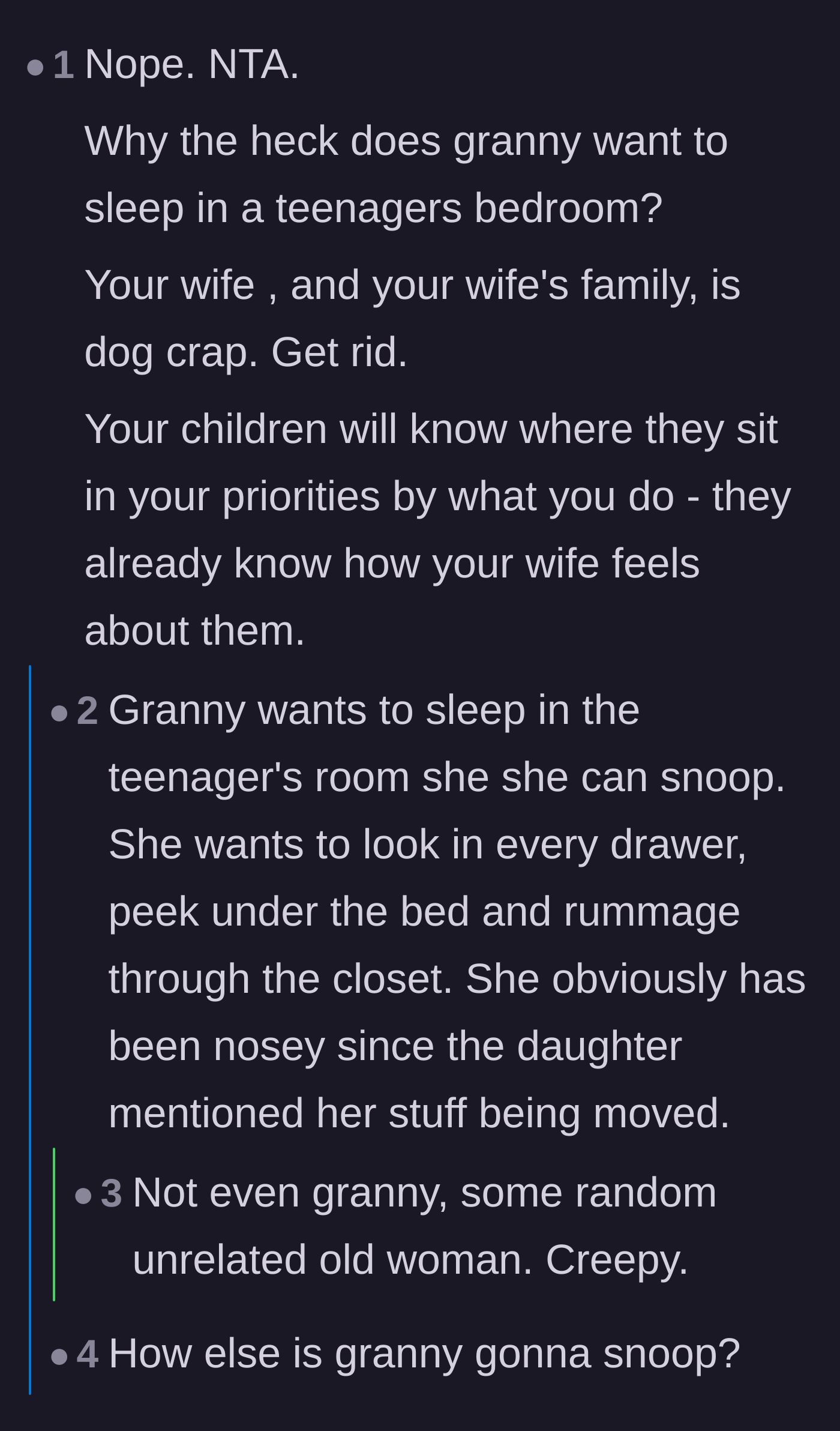Comment thread 2 - Theories on why the mother-in-law demanded the teenager's bedroom