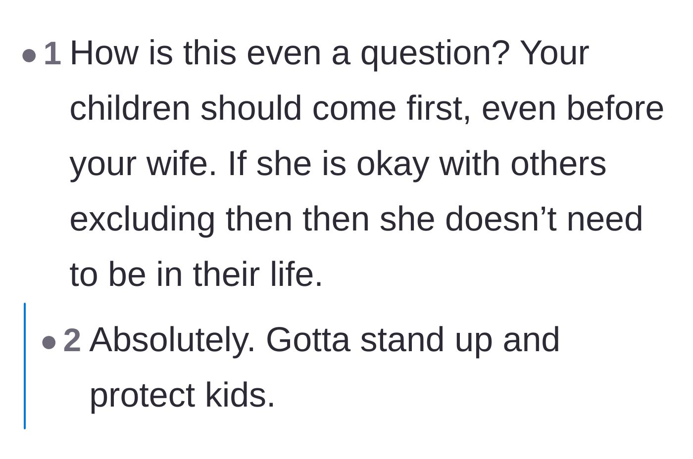 Comment thread 6 - Arguing that children must always come before a spouse