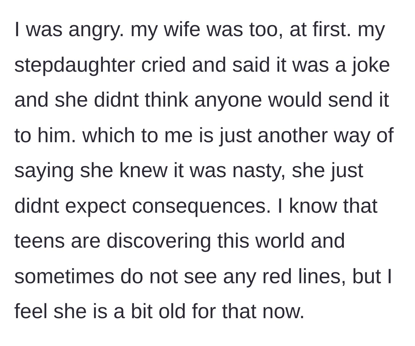 Story part 4 - The stepdaughter cries and claims it was just a joke she didn't think would be shared, showing regret for being caught rather than for the act.