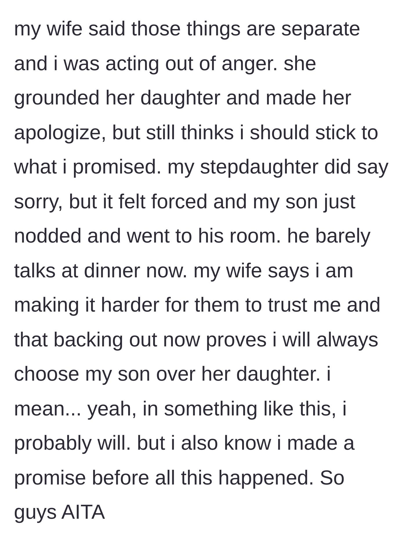 Story part 6 - The wife argues the broken promise proves favoritism, while the son withdraws entirely, leaving the family in a painful stalemate.