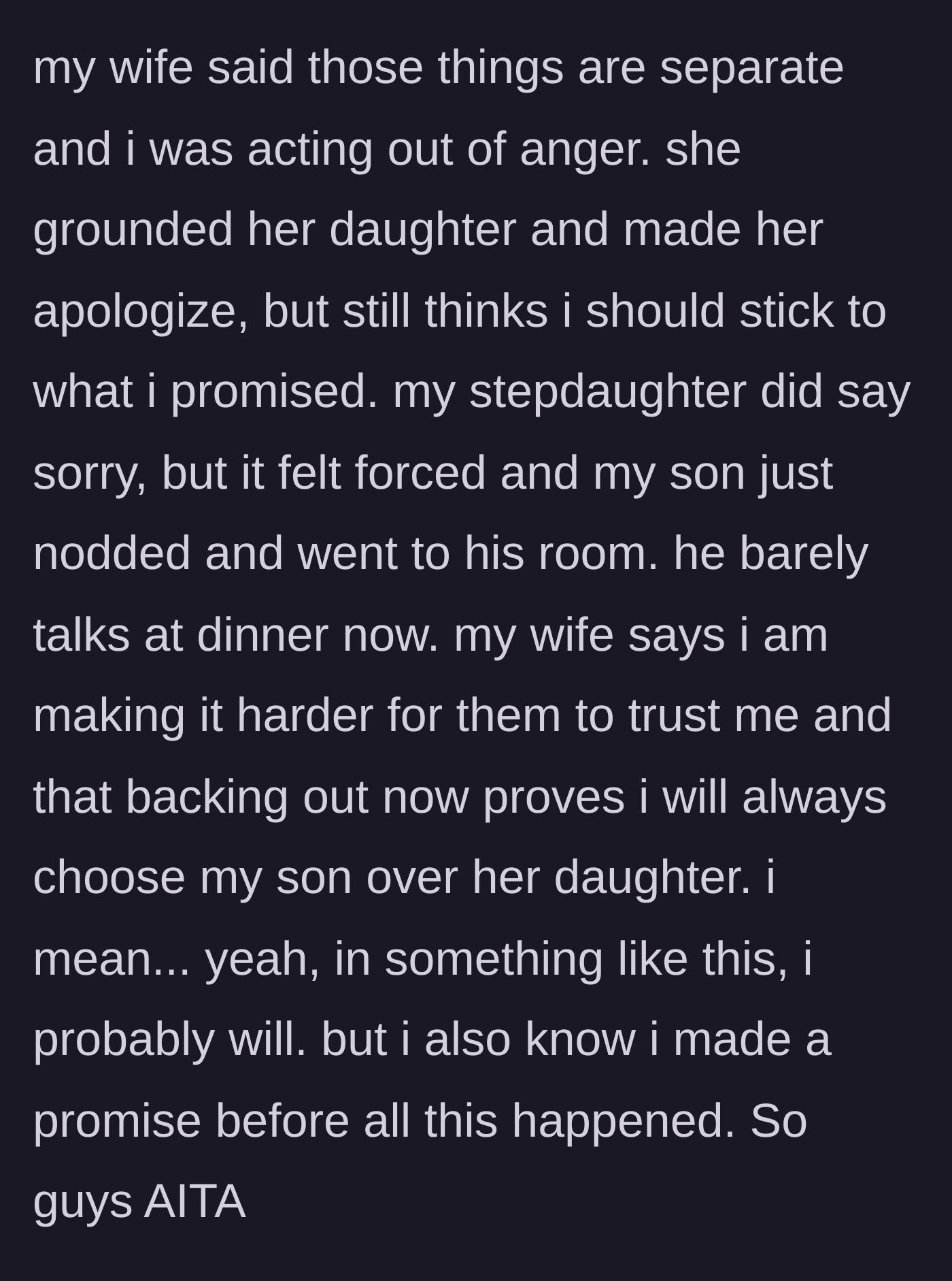Story part 6 - The wife argues the broken promise proves favoritism, while the son withdraws entirely, leaving the family in a painful stalemate.