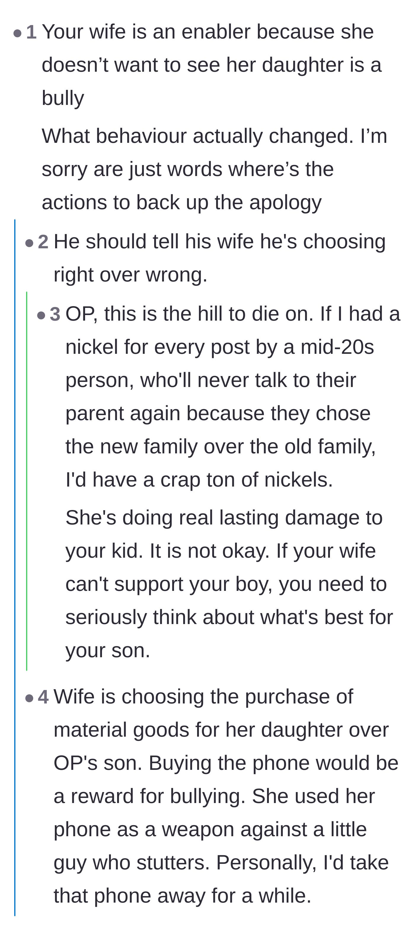 Comment thread 1 - A discussion on the long-term trauma of parental enabling and the suggestion to downgrade the stepdaughter to a flip phone.
